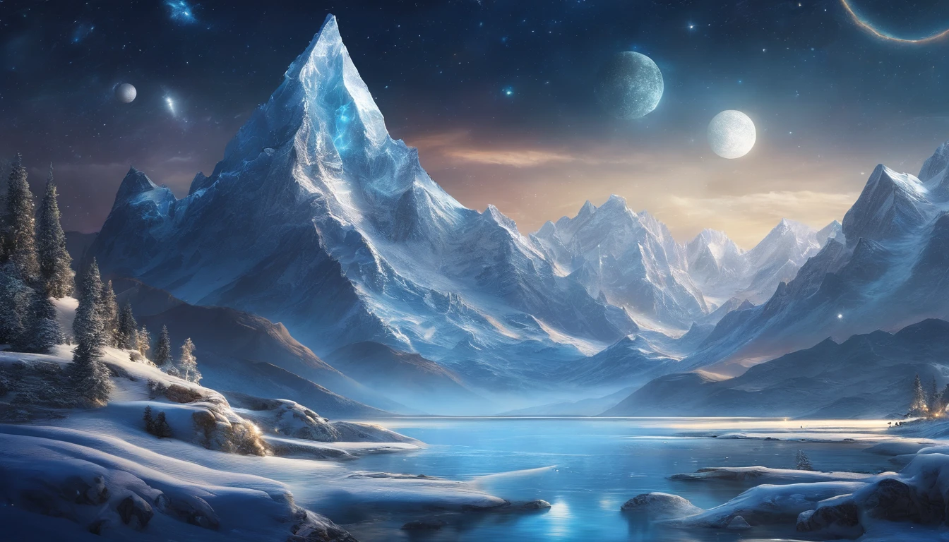 huge planet, the night, starrysky, surrealism, masutepiece, hight resolution、Impressive Milky Way:1.9、sand beach、Blue Sea、drift ice、lightning bolt:1.9、snow mountains、Mount Everest