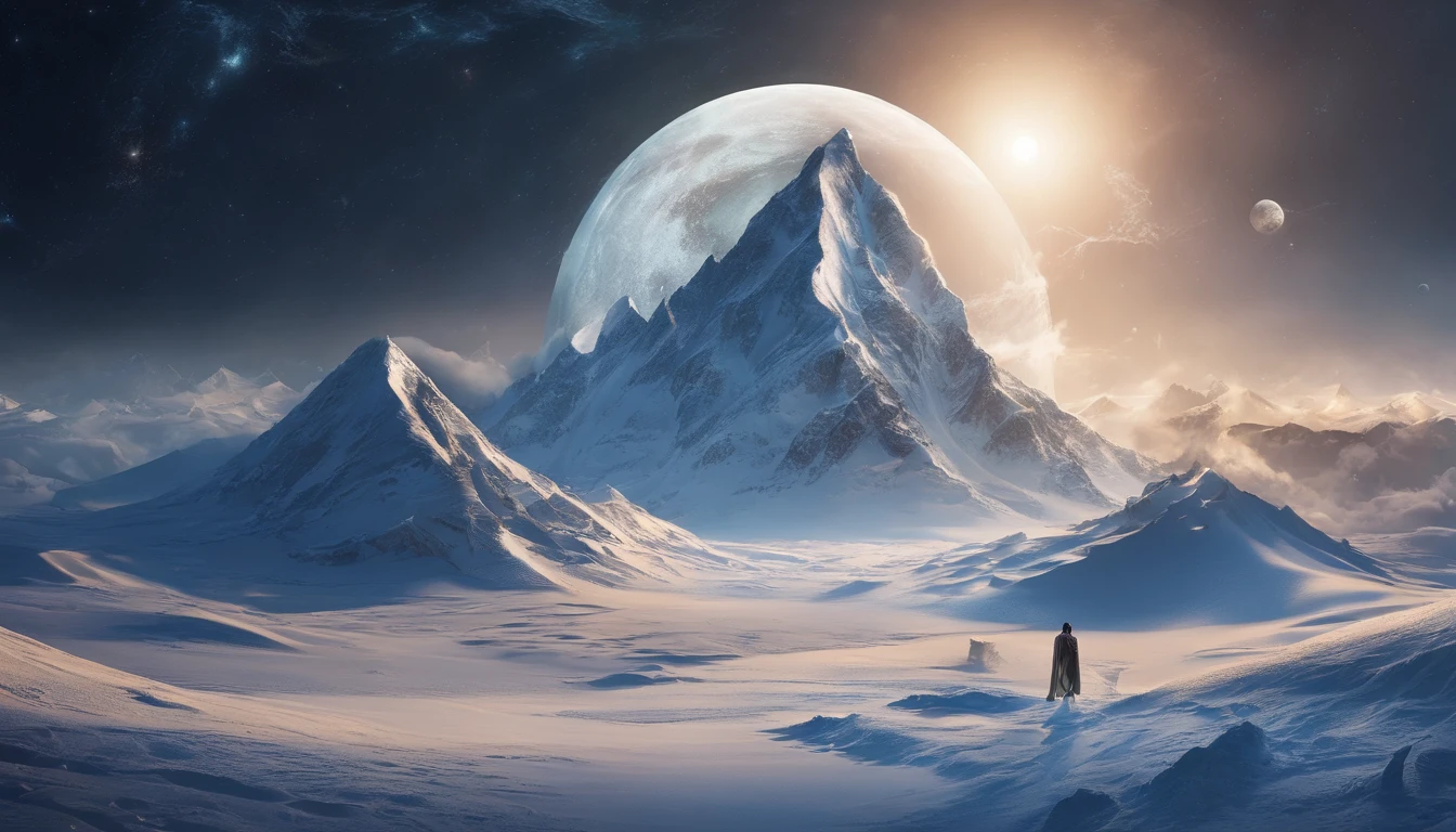 huge planet, the night, starrysky, surrealism, masutepiece, hight resolution、Impressive Milky Way:1.9、sand beach、Blue Sea、drift ice、lightning bolt:1.9、snow mountains、Mount Everest