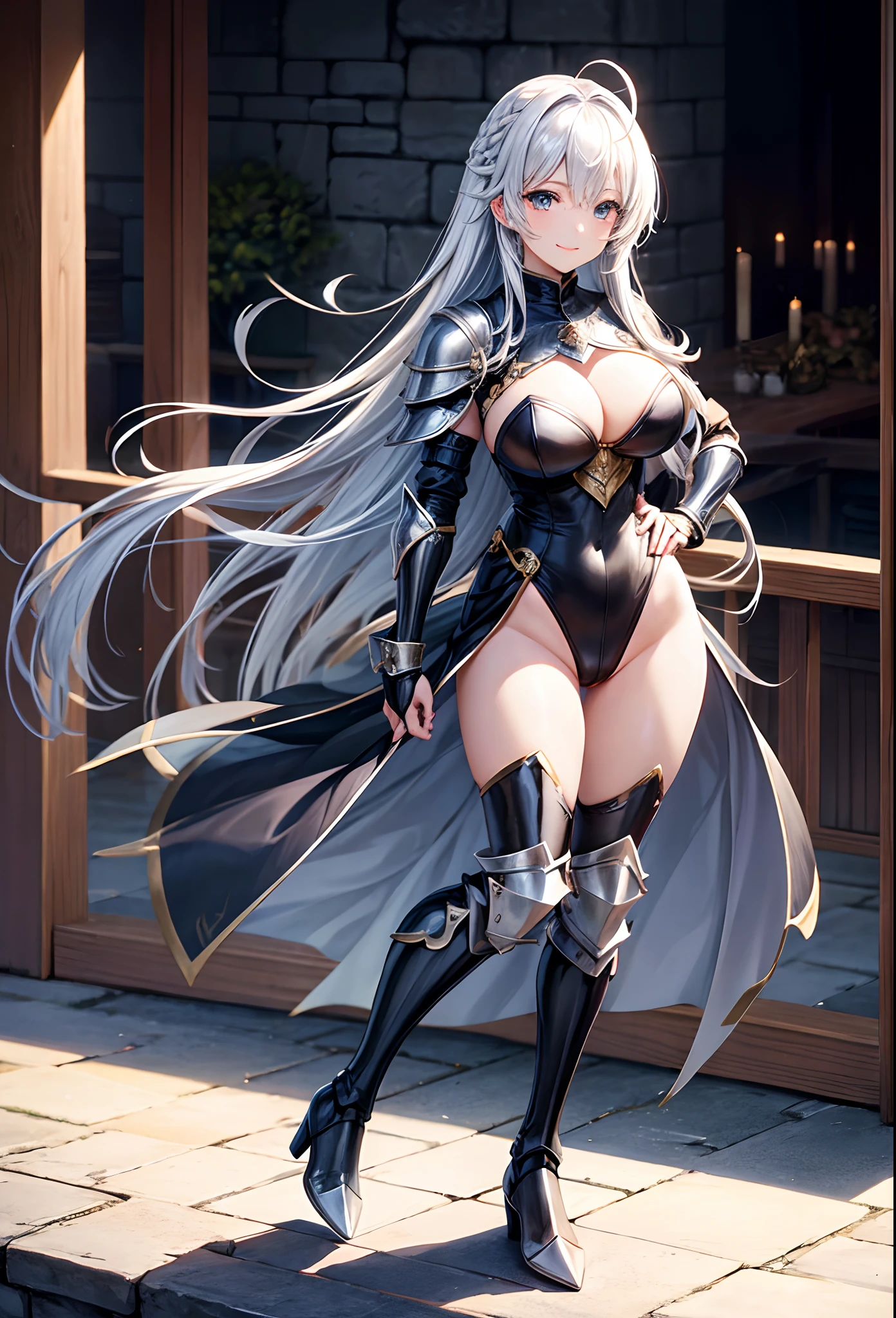Woman knight、a beauty girl、huge tit、Excellent style、Nice Buddy、glamorous、Black leotard、Bra chest armor、knee boots、gauntlets、greave、hair adornments、silber hair、Longhaire、Ahoge、Medieval city、outside of house、is standing、full body seen、1Person-person perspective、directly in front、a smile、the hair flutters with the wind
