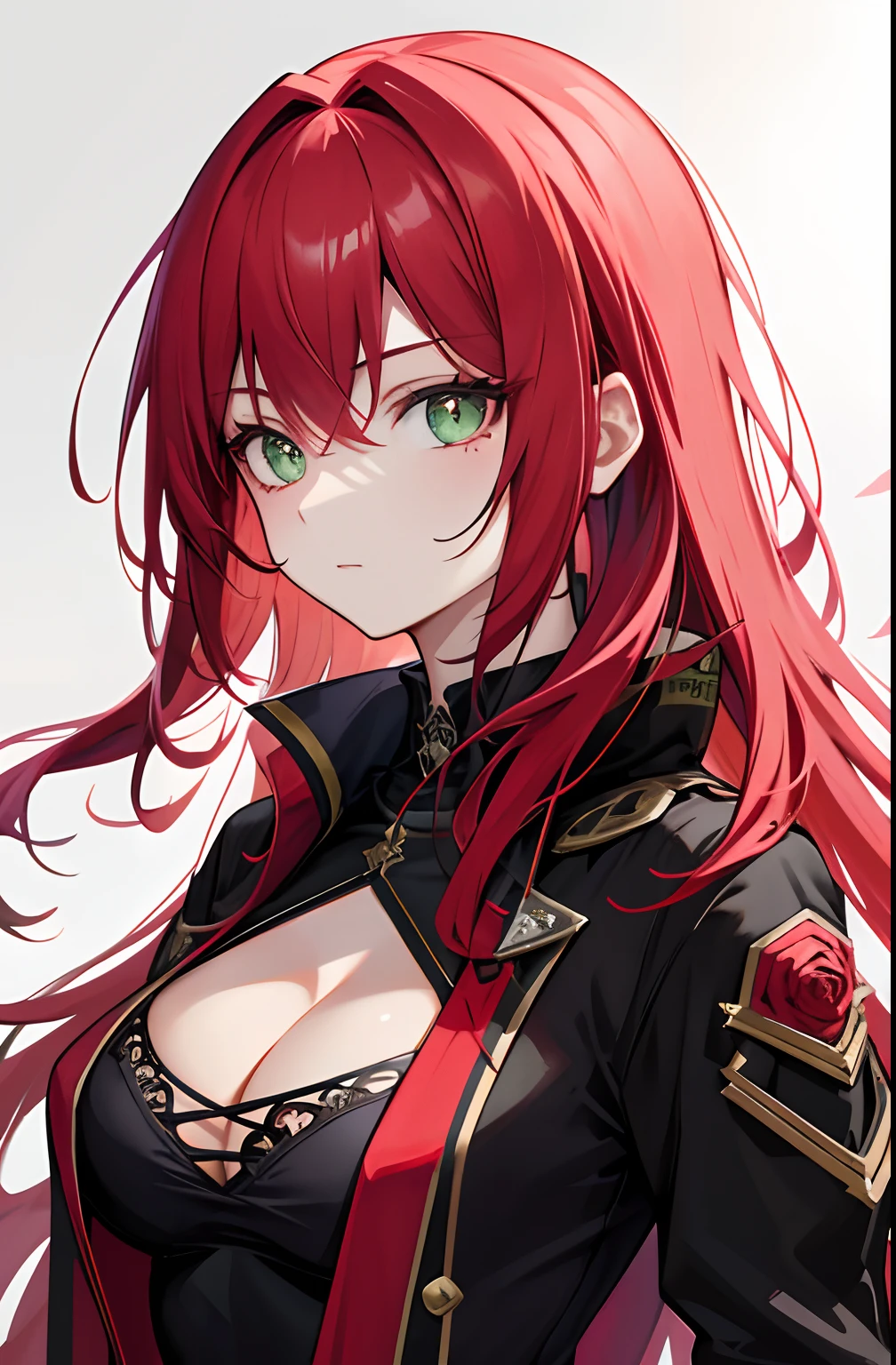 Solo，high high quality，Rose red hair，Dark green pupils，high qulity，mid hair，Sexy clothes，Split clothes，The cleavage protrudes，Attention to facial details，head portrait