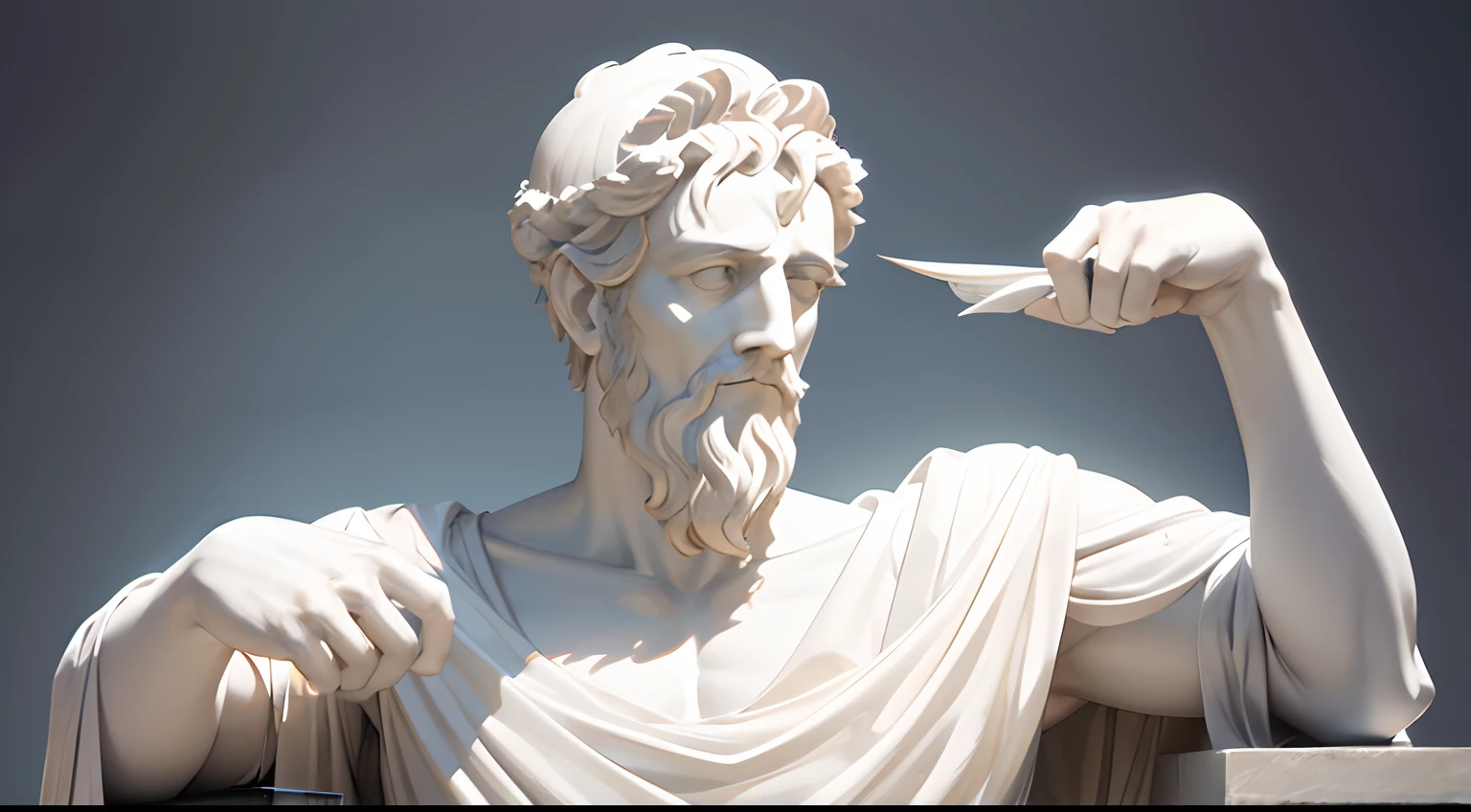 Please create an image of a statue of a muscular Greek philosopher, sitting in a contemplative and pensive pose, with the image background black. The statue must portray the philosopher in a serene and introspective posture, with well-defined muscles and the face expressing depth of thought. Ensure that the sculpture stands out clearly against the dark background, creating a striking contrast that emphasizes the figure of the Greek philosopher. the most realistic possible with the highest image quality available, 8k.