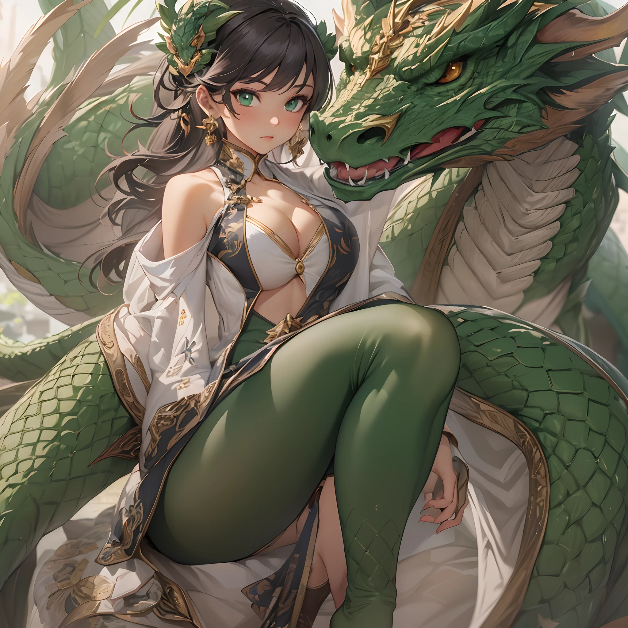 ((Masterpiece, Highest quality)), Detailed face, full bodyesbian, perfectly proportions,Full of details, Martial arts girl,Green Dragon,lacepantyhose,epic exquisite character art,Natural light