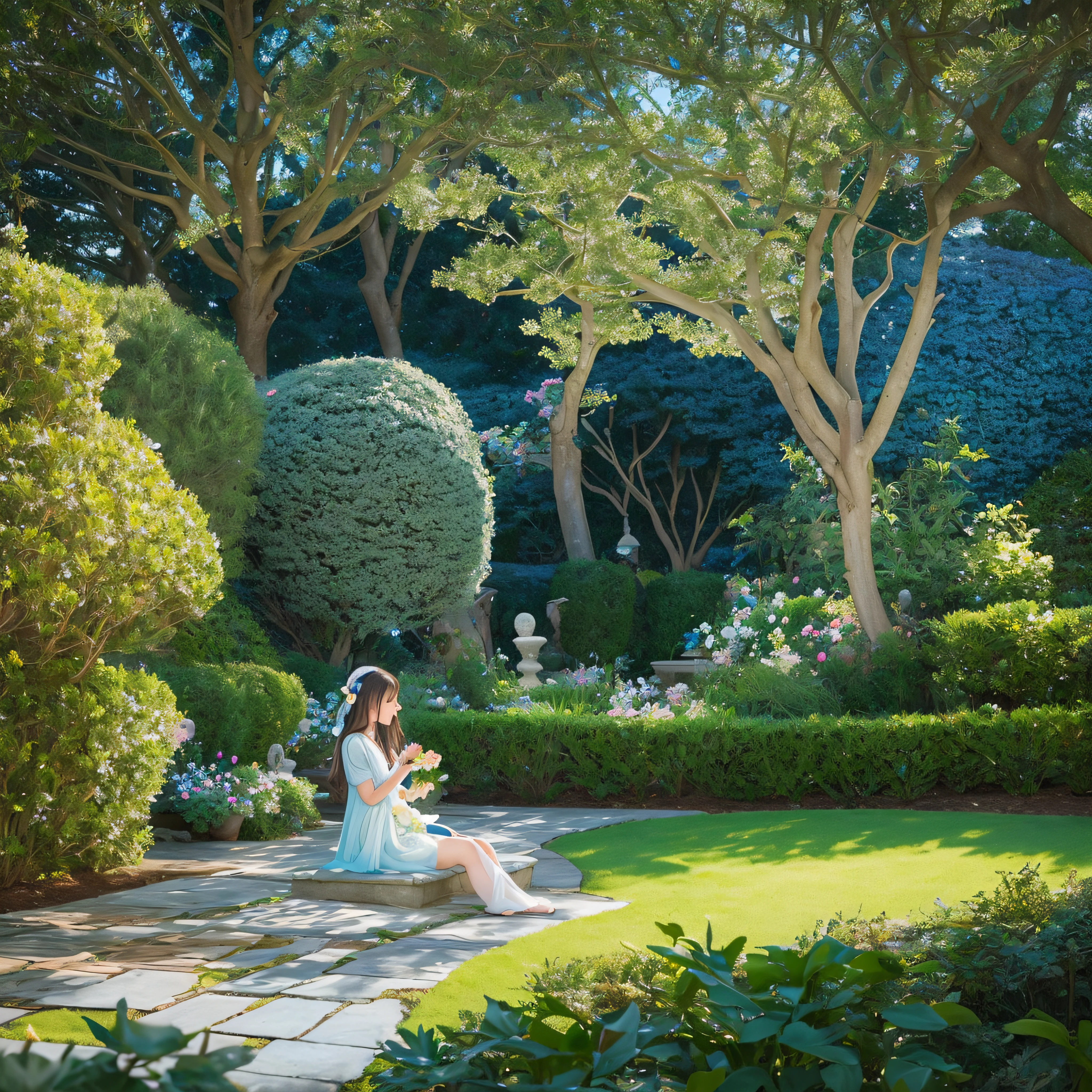 "Picture a tranquil garden at dusk. The sky painted in hues of blue, green shrubs and plants dotting the landscape, and white fairy lights hanging from the trees. The entire scene is bathed in a strong, magical glow. In the midst of this, a character sits on a stone bench, lost in thought, enjoying the peace of the moment."