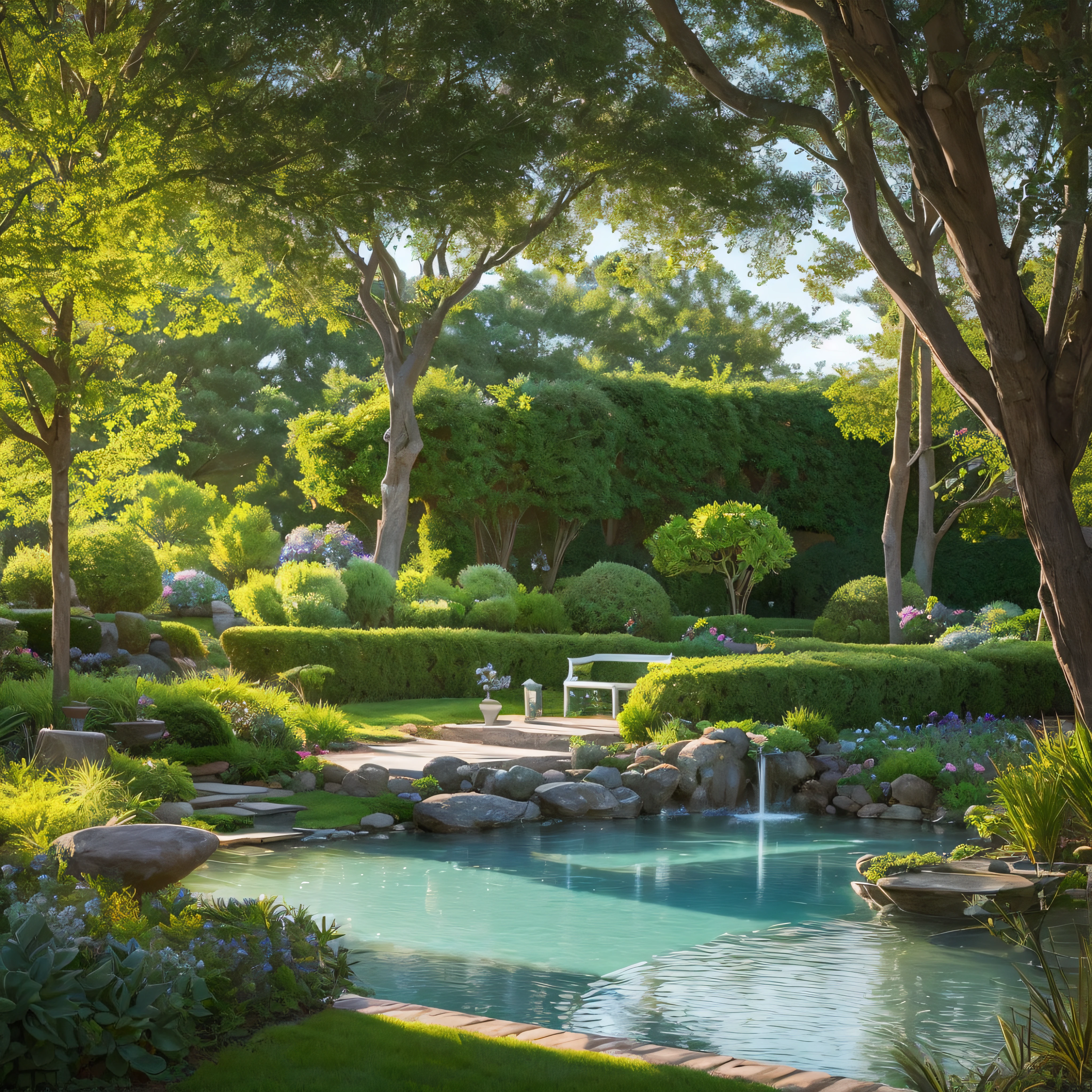 "Picture a tranquil garden at dusk. The sky painted in hues of blue, green shrubs and plants dotting the landscape, and white fairy lights hanging from the trees. The entire scene is bathed in a strong, magical glow. In the midst of this, a character sits on a stone bench, lost in thought, enjoying the peace of the moment."