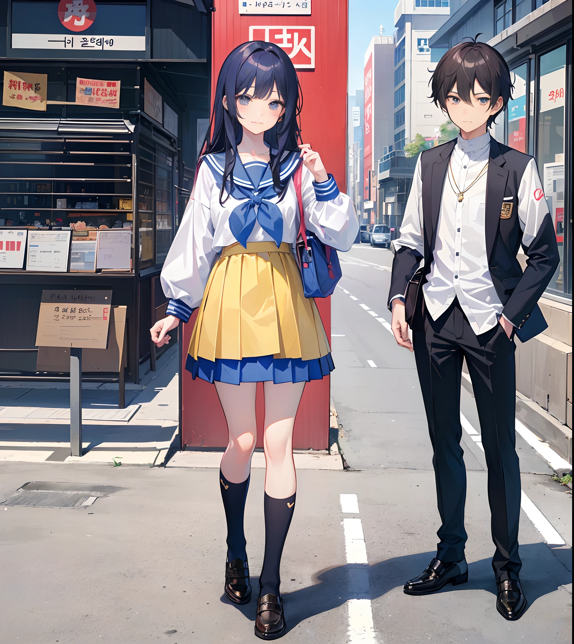 (there is a woman and a boy Stand standing side by side :2,0), a picture by Shingei, pixiv, shin hanga, hi - res scan, hi-res scan, at pixiv, in manhwa style,Hugging his girlfriend, sweet couple, official art, made with anime painter studio, in an anime style, 8k!!,(Korean junior high school uniform a girl with mini skirt),(anime style),(Same uniform),(a young girl with a young boy),(sweet face),(13 year old couple),(cute face),(smiley face),(full body shot),(loli and shota),(child couple in school uniform),(junior high school student)