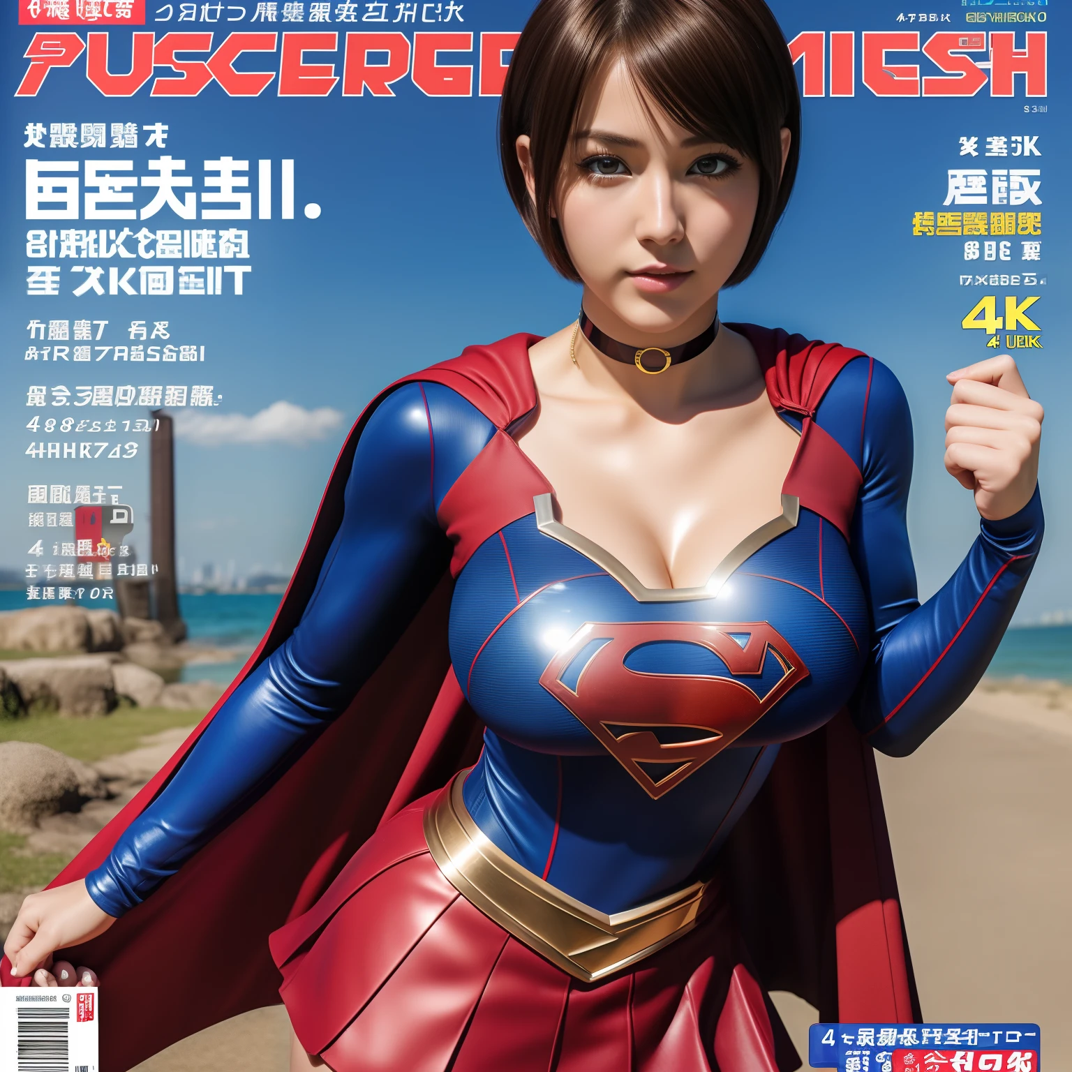 masterpiece、Rubber Supergirl Costume、short hair、Rubber Long Boots、Big and ample breasts、looking at the camera、choker、Long sleeve、Cape、mini skirt、Off the shoulder、Sweaty skin、Hospital room、Photo magazine cover、Glamorous cleavage、Boasting beautiful legs、High leg leotard、Knee-length boots、wallpaper for pc、