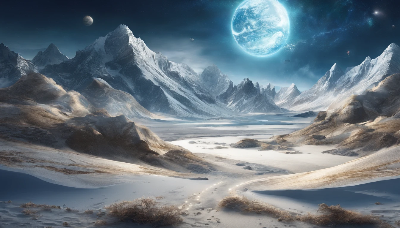 huge planet, the night, starrysky, surrealism, masutepiece, hight resolution、Impressive Milky Way:1.9、sand beach、Blue Sea、drift ice、lightning bolt:1.9、snow mountains、Mount Everest