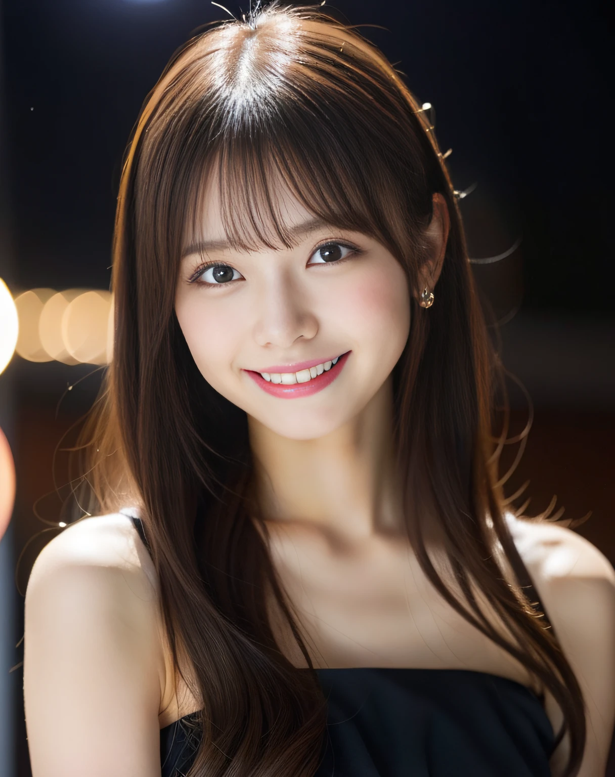 cafes、studio lights、depth of fields、A slender、cute face、huge smile、Beautiful detail eyes、No false eyelashes、Natural eyelashes、Japan 18 years old、From head to knee、cute little、(dark brown hair)、evening gown、Japan Person Model、Young Sensual Gravure Idol、Young cute gravure idol、Realistic Young Gravure Idol、Young gravure idols、奈良美智、((A smile:1.2))