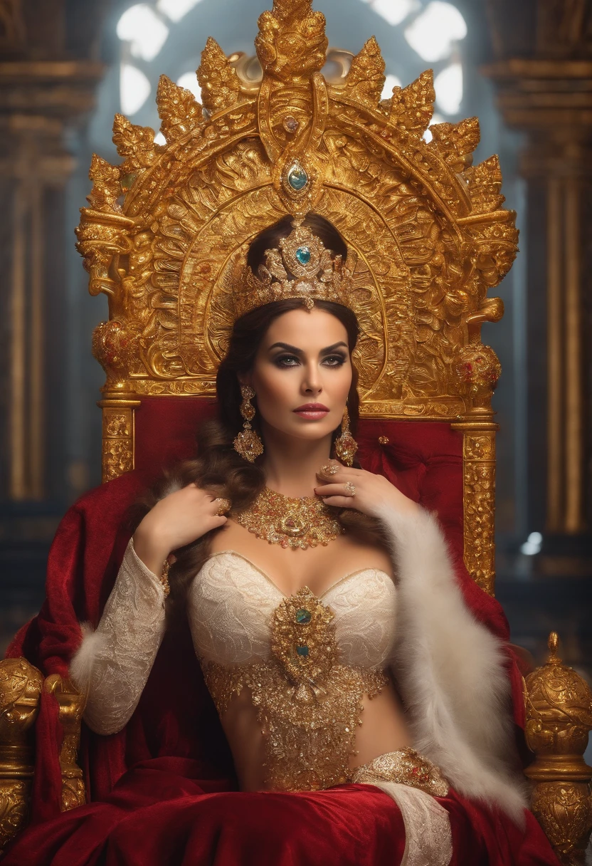 rainha, milf, coroa dourada com pedras preciosas, trono alto e branco, seios grandes a mostra, calcinha vermelha