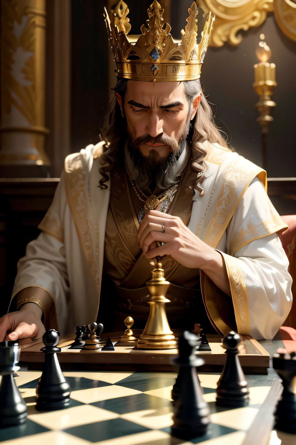 King Solomon playing chess,tabuleiro de xadrez de madeira velho,Ancient chess pieces,Trono de Ouro Luxuoso,coroa e manto ornamentados,wise and contemplative expression,lit by candle light,brilho dourado suave,palace interior,paredes e teto ricamente decorados,Tapestry depicting ancient battles,Atendentes nobres,sombras cintilantes,motivos esculpidos detalhados e intrincados,mystic atmosphere,cortinas pesadas,veludo vermelho-escuro,Hand-carved chess pieces,Torres meticulosamente trabalhadas, cavaleiros intrincadamente esculpidos, rainhas elegantes, Reis altos e poderosos, intrincados movimentos de xadrez, Strategic thinking, Atmosfera tensa e concentrada, ethereal beauty, sabedoria atemporal, paleta de cores silenciada, Sombras profundas, Destaques sutis, regal and majestic presence, artistic lighting, Estilo barroco, opulentos e grandiosos, alta qualidade e ultra-detalhado, cores realistas e vibrantes,contra nicolau maquiavel,duas pessoas na foto ,outra pessoa nicolau maquia ve