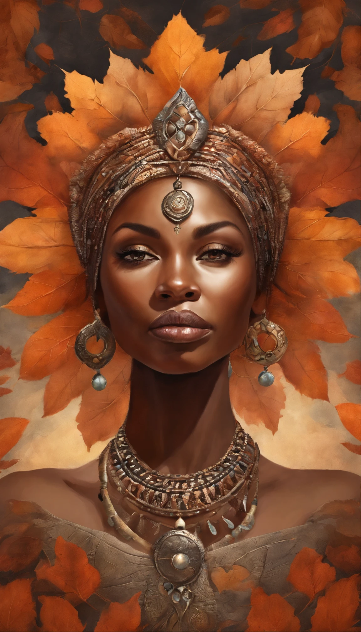 Ebony face and brown head，African woman sitting in lotus position meditating ，Autumn leaves， beautiful fantasy portrait, beautiful fantasy art portrait, Beautiful surreal portrait, fantasy portrait, fantasy art portrait, detailed matte fantasy portrait, portrait of a dark fantasy nymph, African goddess, Beautiful digital artwork, gorgeous digital art,Background dream black surreal beautiful young woman, Fantasy art Behance，Cinematic light and shadow，k hd