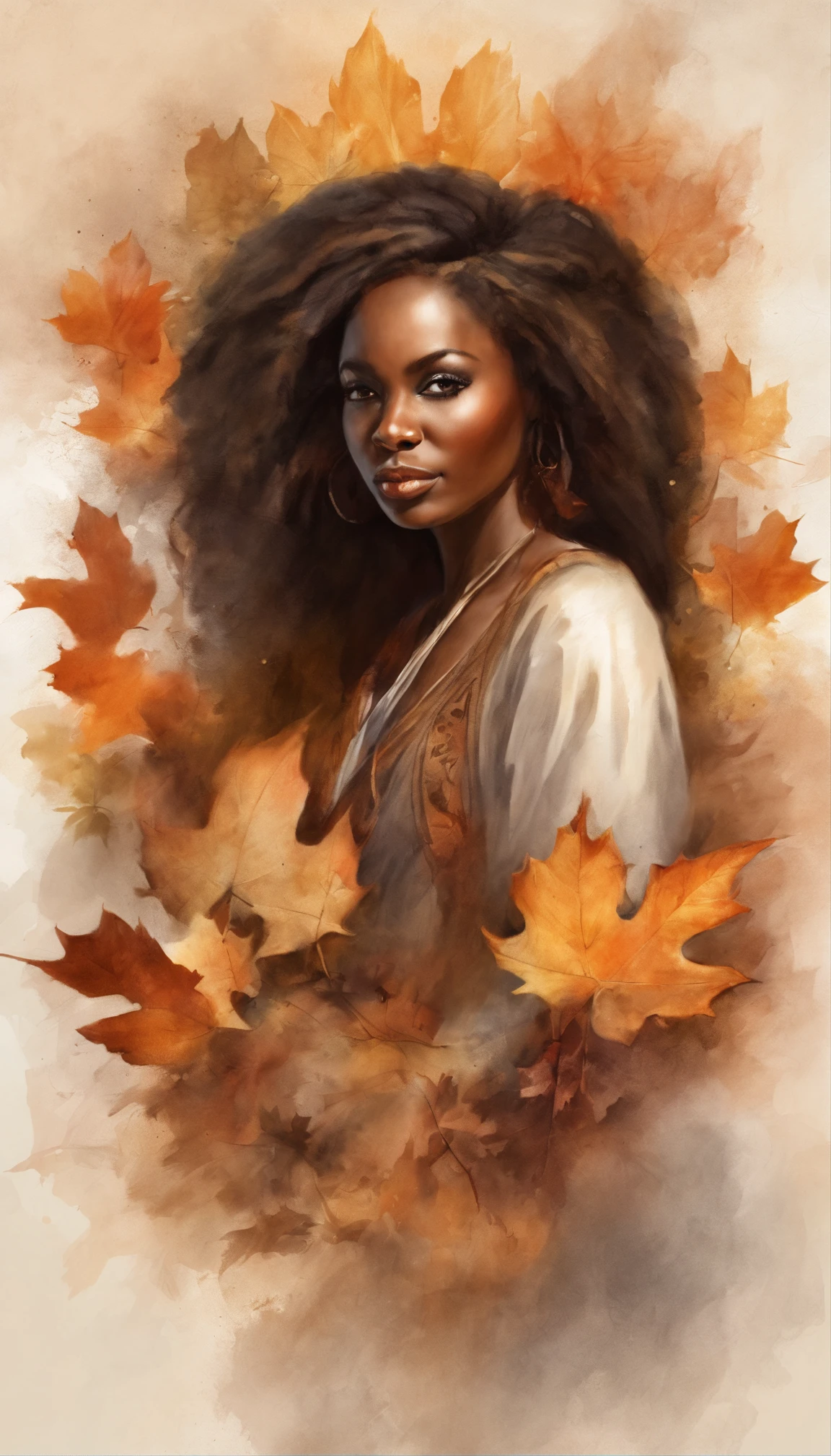 Ebony face and brown head，African woman sitting in lotus position meditating ，Autumn leaves， beautiful fantasy portrait, beautiful fantasy art portrait, Beautiful surreal portrait, fantasy portrait, fantasy art portrait, detailed matte fantasy portrait, portrait of a dark fantasy nymph, African goddess, Beautiful digital artwork, gorgeous digital art,Background dream black surreal beautiful young woman, Fantasy art Behance，Cinematic light and shadow，k hd