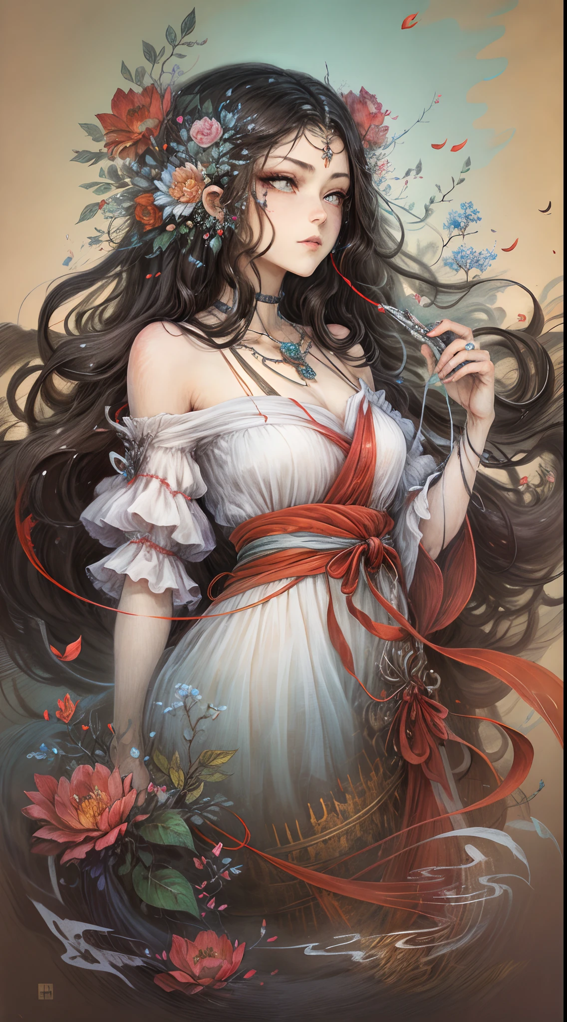 (Best quality,4K,8K,A high resolution,Masterpiece:1.2),Ultra-detailed,Yamazawa， themoon， Clouds， Skysky， 1girll， long whitr hair， 独奏， brunette color hair，standing on a bridge，painting of a（curly）， natta， jewely， Traditional media， fresh flowers， high high quality，