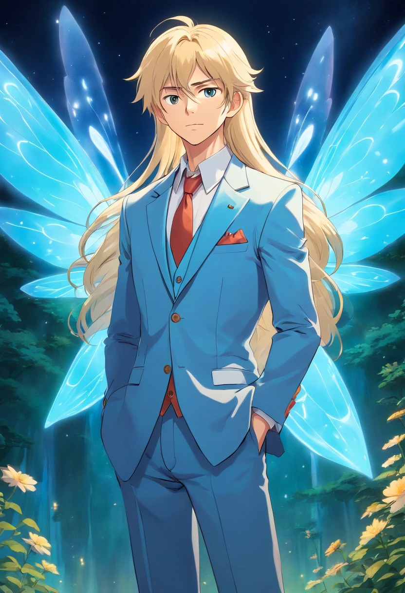 Tall male fairy with long, blond hair and light blue suit adult