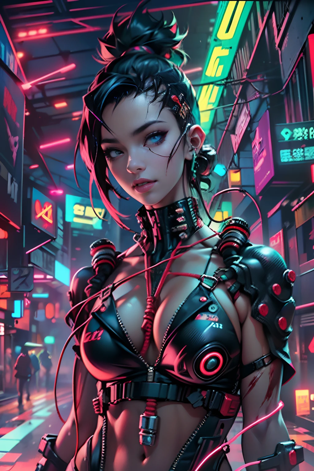 qualidade superior, obra prima, ultra-high-resolution, ((fotorrealista: 1.4), Foto RAW, cabelos pretos, pele brilhante, 1 mechanical girl, (Detalhes ultrarrealistas)), global ilumination, Sombras, octane rendering, 8k, Ultra sharp, Decote exposto, metal, Detalhes ornamentais intrincados, Egyptian details, Detalhes muito intrincados, Luz realista, CGSoation trend, in front of camera, Neon details, mechanical limbs, blood vessels connected to the tube, mechanical vertebrae attached to the back, mechanical cervical attachment to the neck, wires and cables connecting to head, Evangelion, small bright LED bulbs, (Paisagem urbana cyberpunk deslumbrante ao fundo)A close-up of a woman in a bikini and pantyhose posing, Arte Cyberpunk Anime, Arte de anime cyberpunk, Personagem de anime; Arte de corpo inteiro, Cyberpunk anime, Digital Cyberpunk - Arte de Anime, arte digital cyberpunk anime, oppai cyberpunk, cyberpunk themed art, Estilo de arte cyberpunk, Meninaime cyberpunk feminino, Arte cyberpunk, Estilo de terror cyberpunk