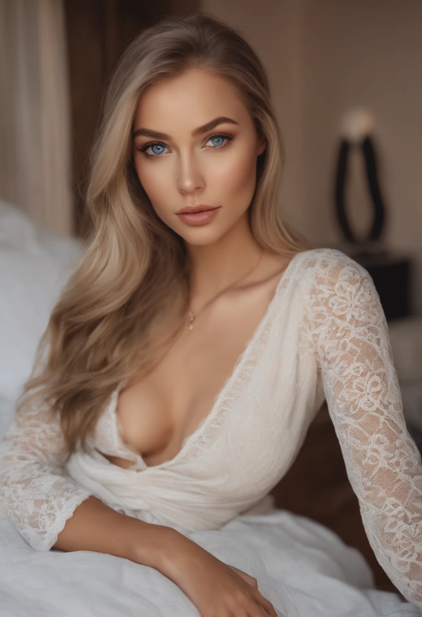 arafed woman fully , sexy girl with blue eyes, ultra realistic, meticulously detailed, portrait sophie mudd, blonde hair and large eyes, selfie of a young woman, bedroom eyes, violet myers, without makeup, natural makeup, looking directly at the camera, face with artgram, subtle makeup, stunning full body shot kneeling on bed, in bedroom, medium to large size bust; ; ;naked