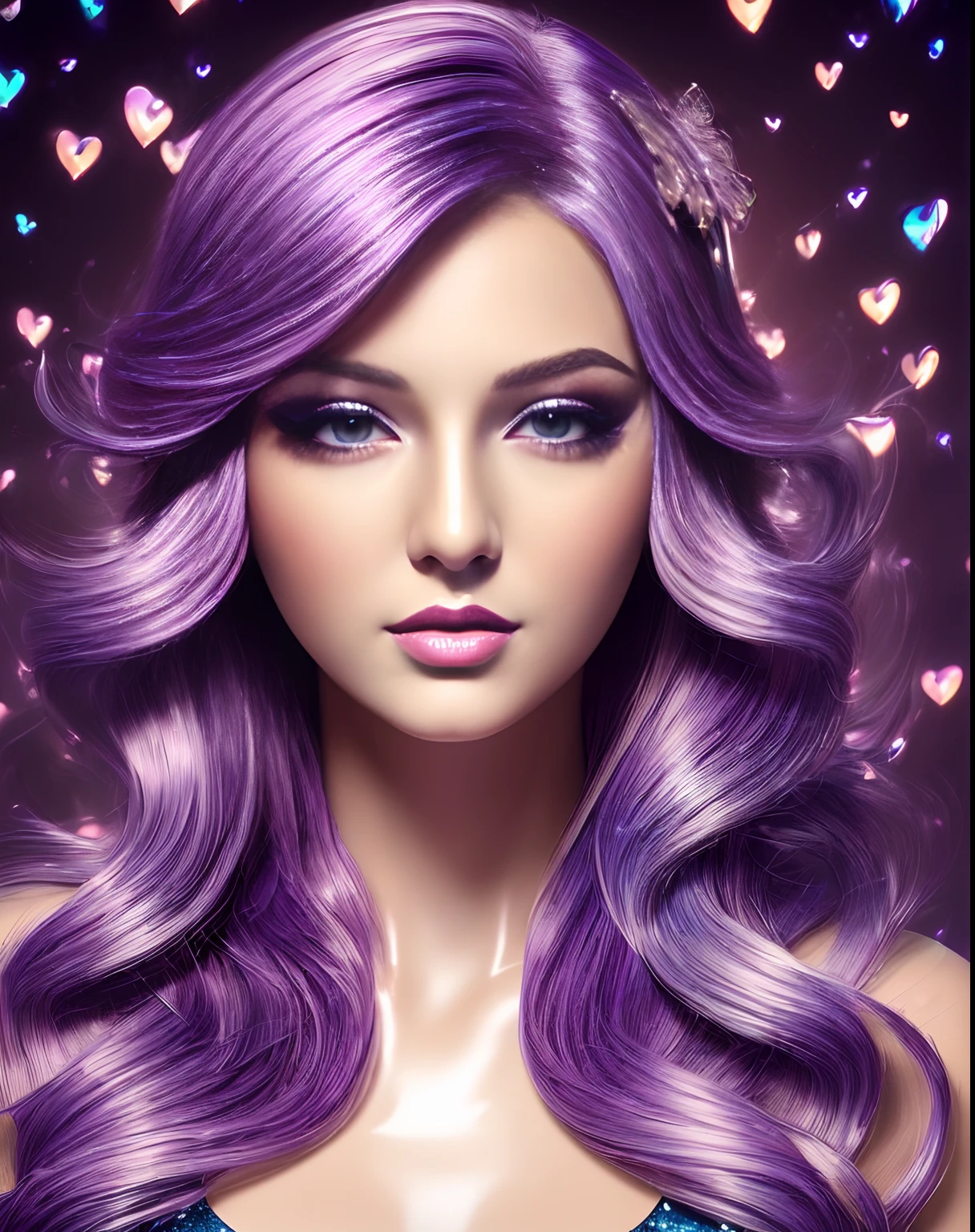 (masterpiece, best quality, glossy, beautiful digital art:1.4), (stunning 21yo woman:1.6), dream in color, close up, purple hair, (makeup:1.3), (super glossy:1.3), ultra detailed, insanely intricate, wallpaper, 8k