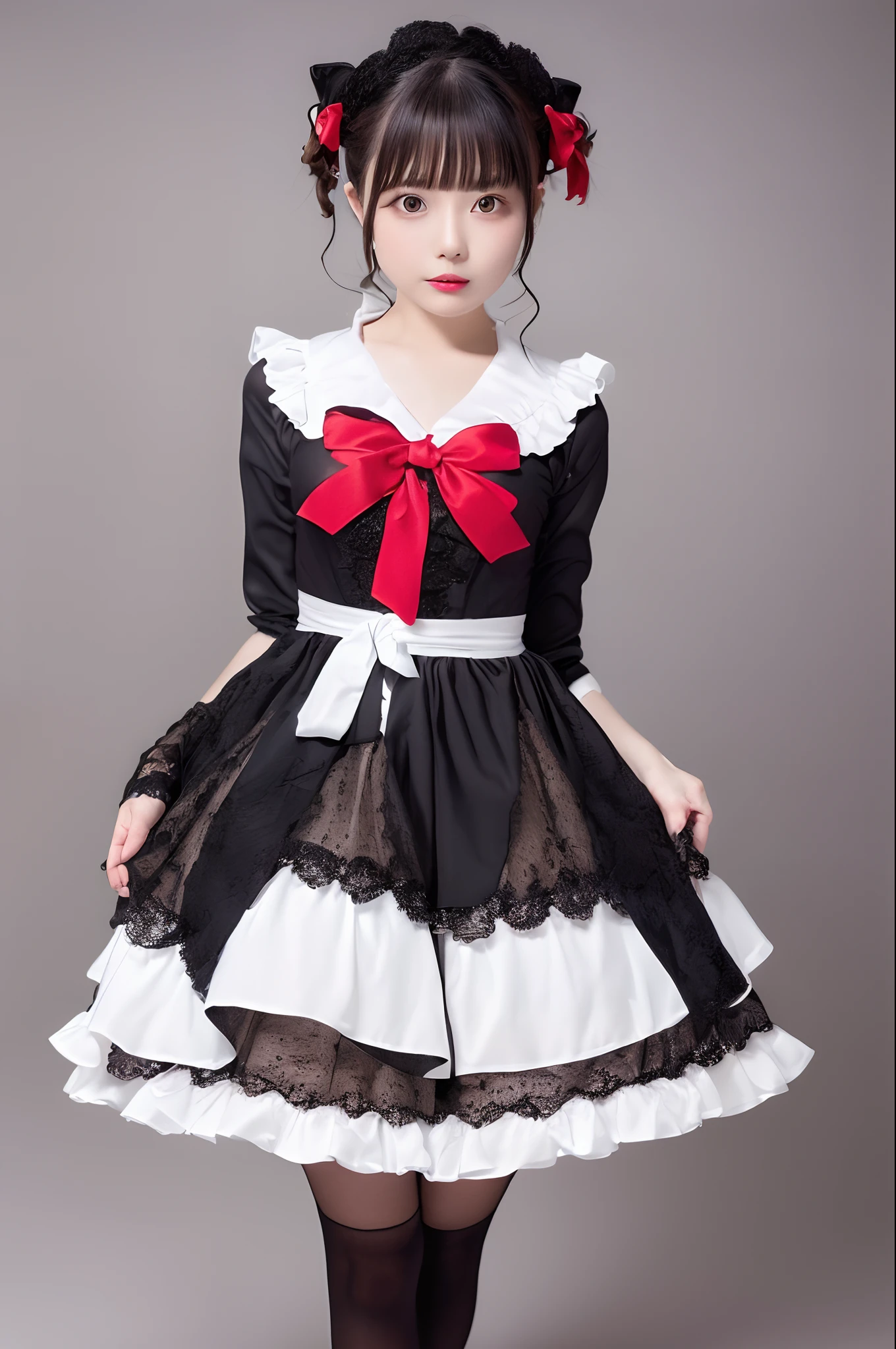 parfect anatomy、top-quality、masuter piece、ultra-detailliert、8k、Correct depiction of the human body、Full Body Angle、Delicately drawn face、Woman with a pretty face、Gothic ta Fashion、Black Gothic Loliashion、Black and white costume、Red big hair ornament、Red ribbon hair ornament、Red big hair ornament、Standing、(((blurry backround:1.5、Photography Studio、greybackground:1.5、greybackground、greybackground、greybackground、greybackground、Film Lighting、Professional Photographer)))