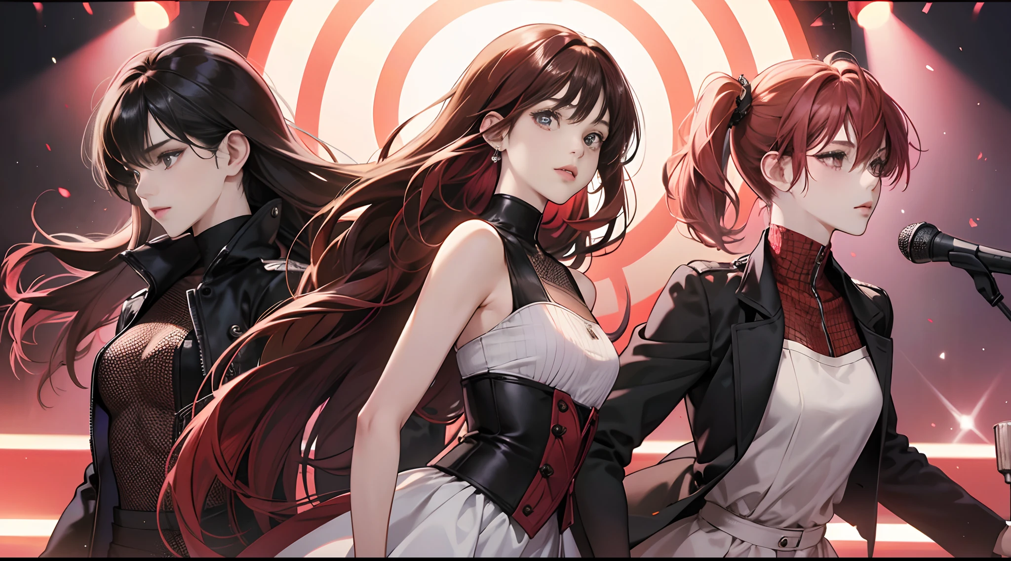 (Best Quality,4K,High resolution), Group of 4 women，（ Red mesh hair on black hair, Long hair, Women with straight hair ），（  Brown Mesh Hair,Short Bob Woman ）,（ boyish,short-haired，Unkempt hair ,Innocent woman，） ，（ Pink mesh hair，poneyTail,Pretty women）stage,Let's sing together today，Looking at the camera，busy