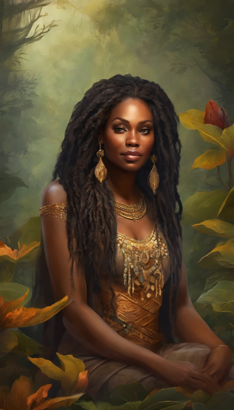 Ebony face and brown head,African woman sitting in lotus position meditating ,Autumn leaves, beautiful fantasy portrait, beautiful fantasy art portrait, Beautiful surreal portrait, fantasy portrait, fantasy art portrait, detailed matte fantasy portrait, portrait of a dark fantasy nymph, African goddess, Beautiful digital artwork, gorgeous digital art,Background dream black surreal beautiful young woman, Fantasy art Behance,Cinematic light and shadow,k hd