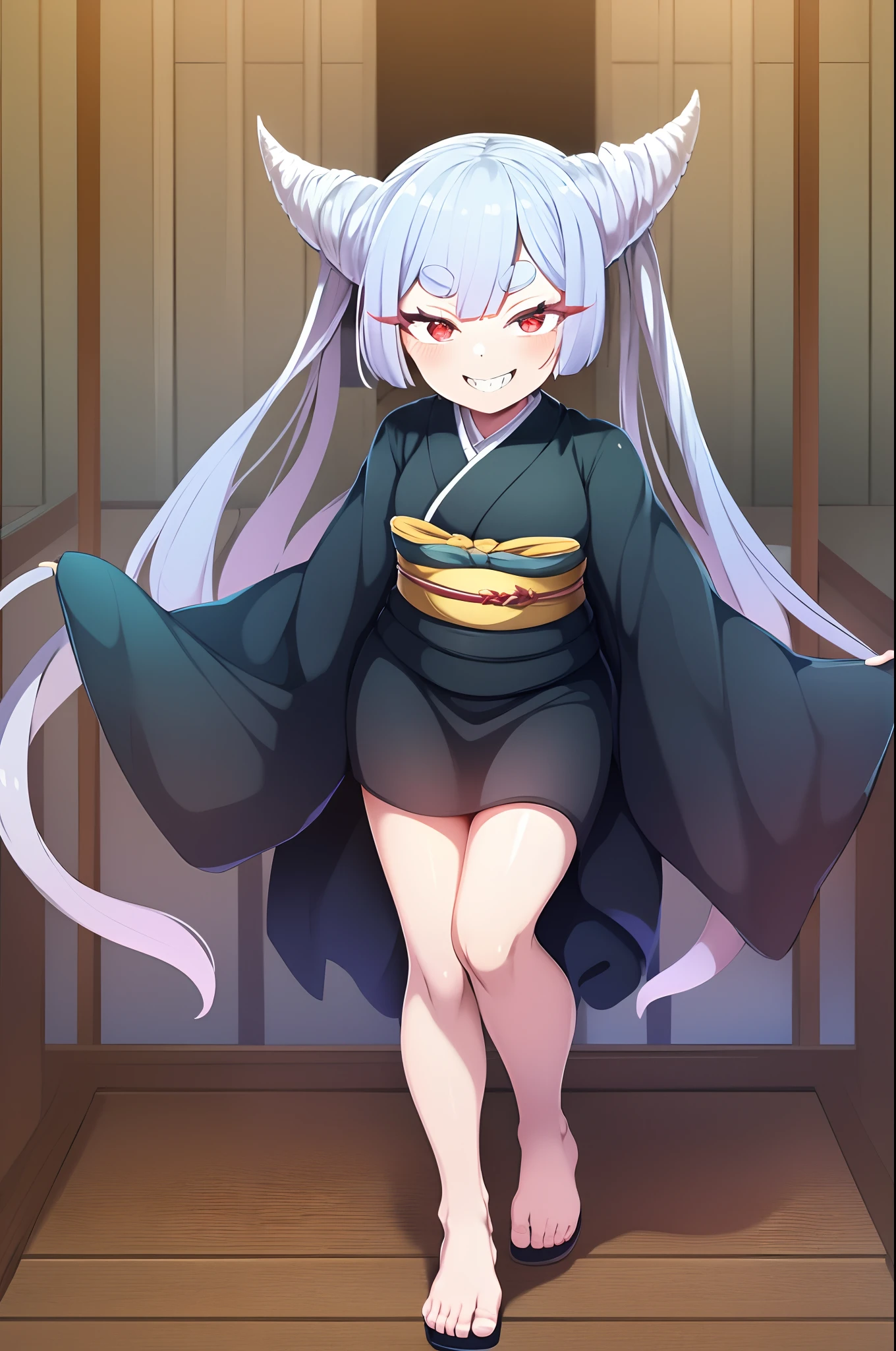 Urara ayashimon, silver hair, horns hair, red eyes, ****, black kimono, sharpteeth, smug, smile, full body, flipflops, medium breast