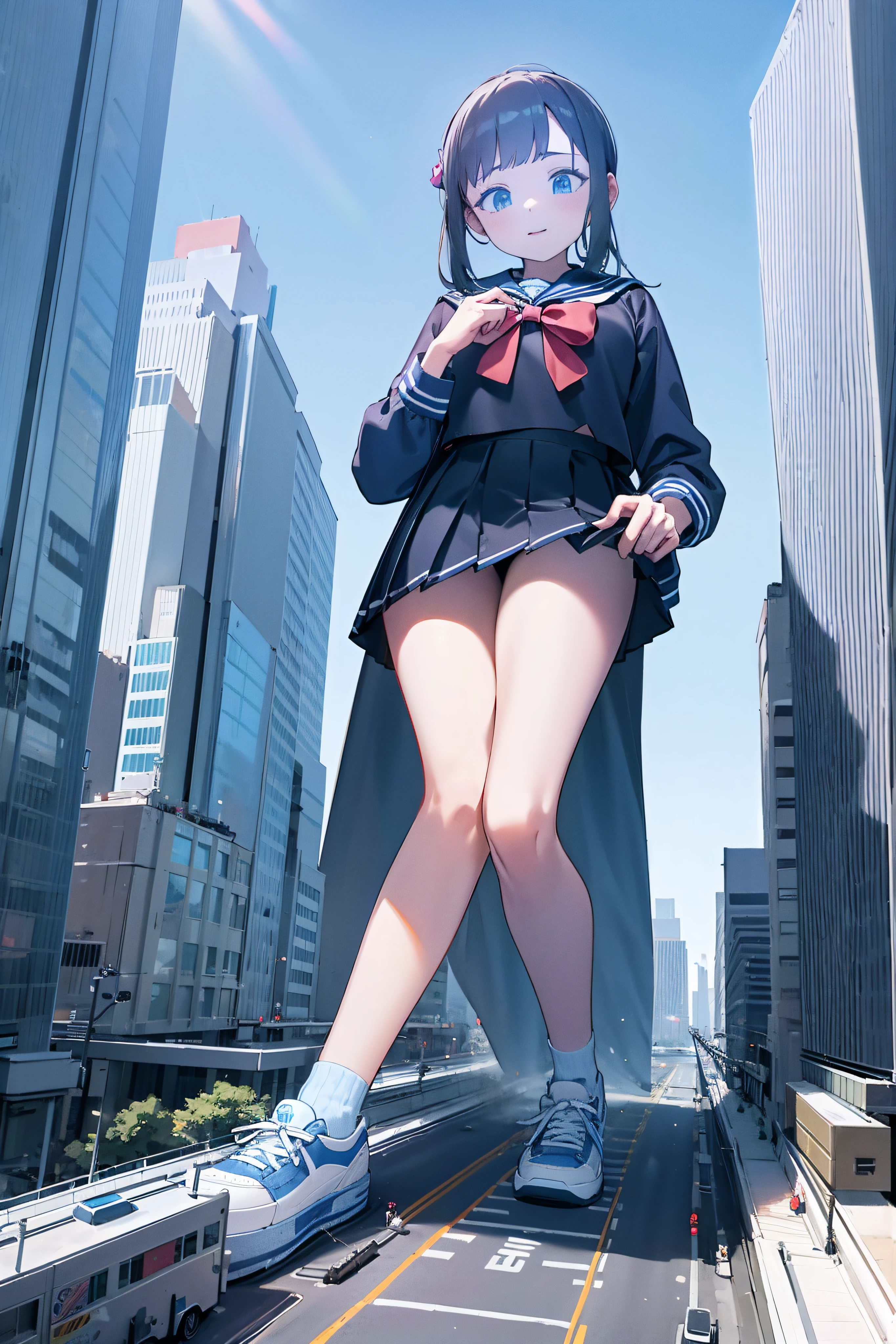 Giant maiden stepping on a miniature toy bridge,A girl taller than a building,athletic sneakers,a sailor suit,short skirt,Structurally sound