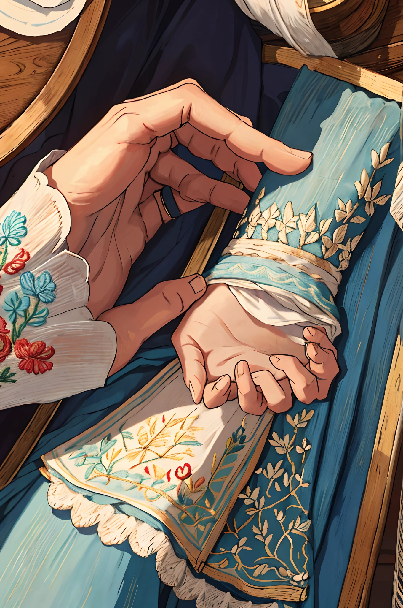 A hand holding an embroidered cloth napkin. Delicate princess hand. ((perfect hands))
