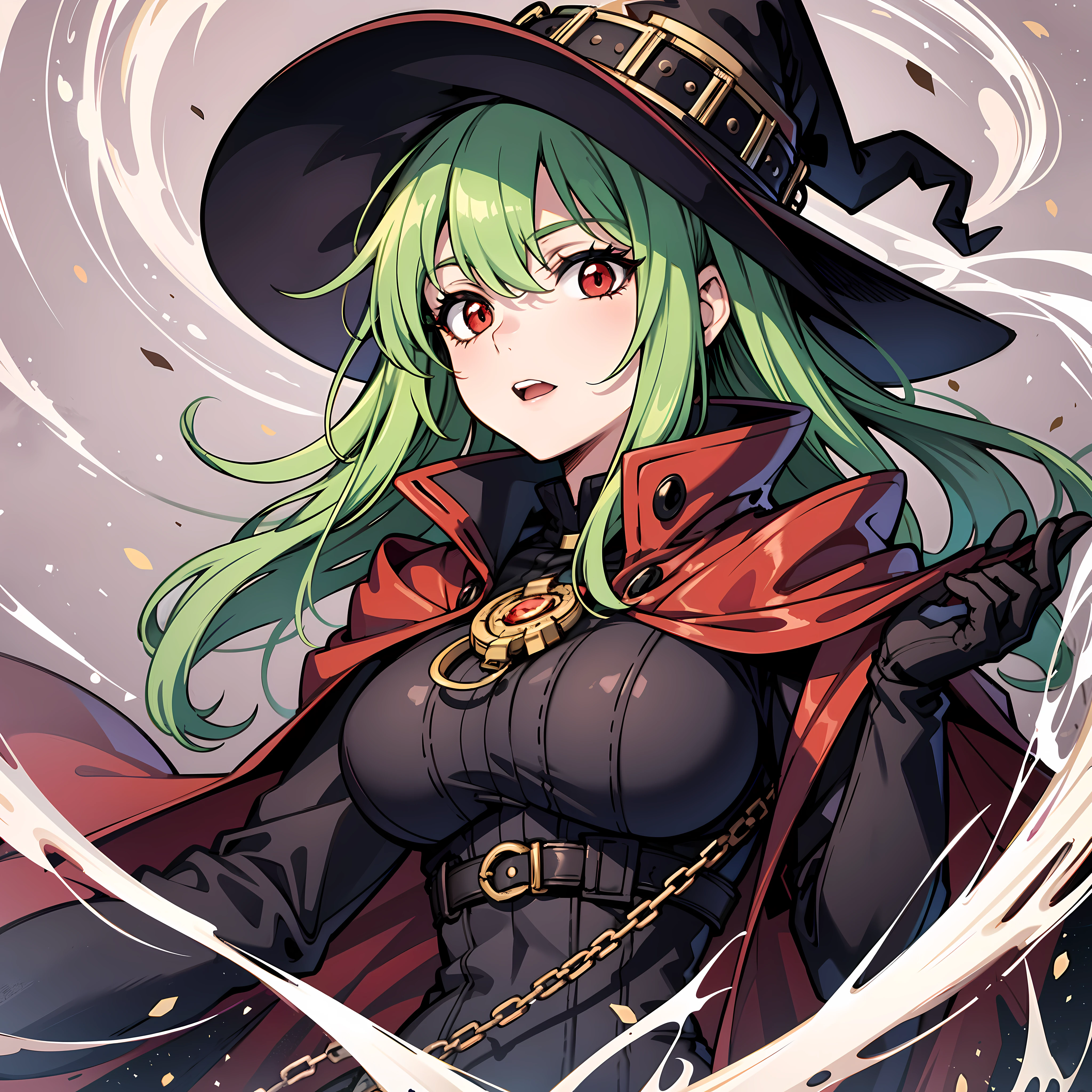 upper body, 1woman, green hair, Long Haired, red eyes, ((witch)), black cape, big breats, wallpaper, chain background, light particles, ((masterpiece)), ((best quality)), ((Top Quality)), pale white skin, solo,