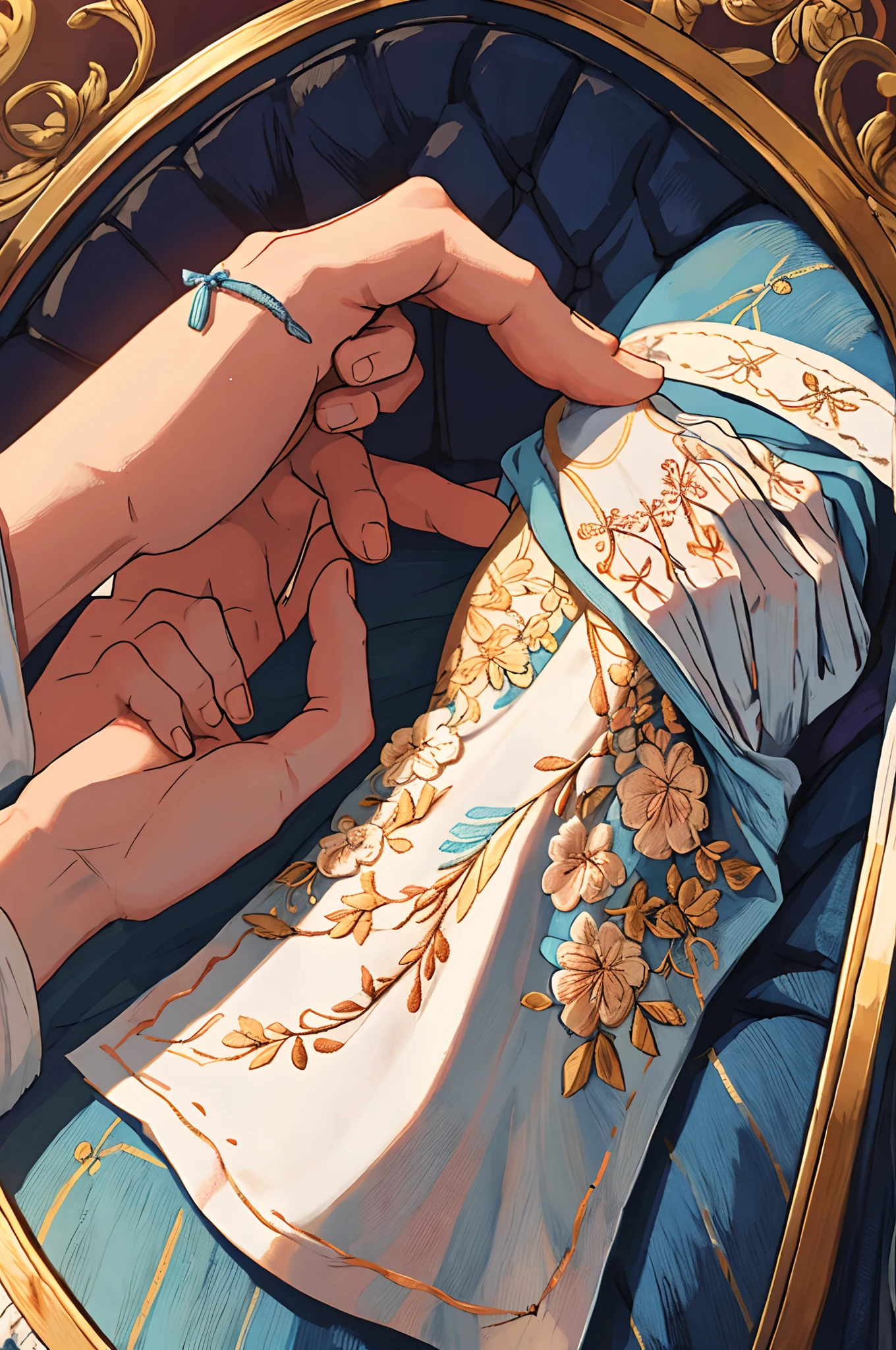 A hand holding an embroidered cloth napkin. Delicate princess hand. ((perfect hands))