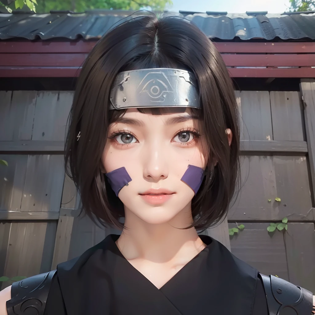 1girl, (8k, RAW photo, best quality, masterpiece:1.2), (ultra highres:1.0),detailed illustration, (real person,fashion photography portrait,photograph), detailed, detailed beautiful skin, (realistic, photo-realistic:1.37), tentenNS, solo, professional lighting, black dress), village, east asian architecture, trees, village hidden in the leaves background,looking_at_viewer, smile,black hair,brown eyes,mitain,toeless footwear,kunai,facial mark,konohagakure symbol,fighting_stance,fence,ninja,adjusting gloves,sleeveless,cleavage, very big breasts