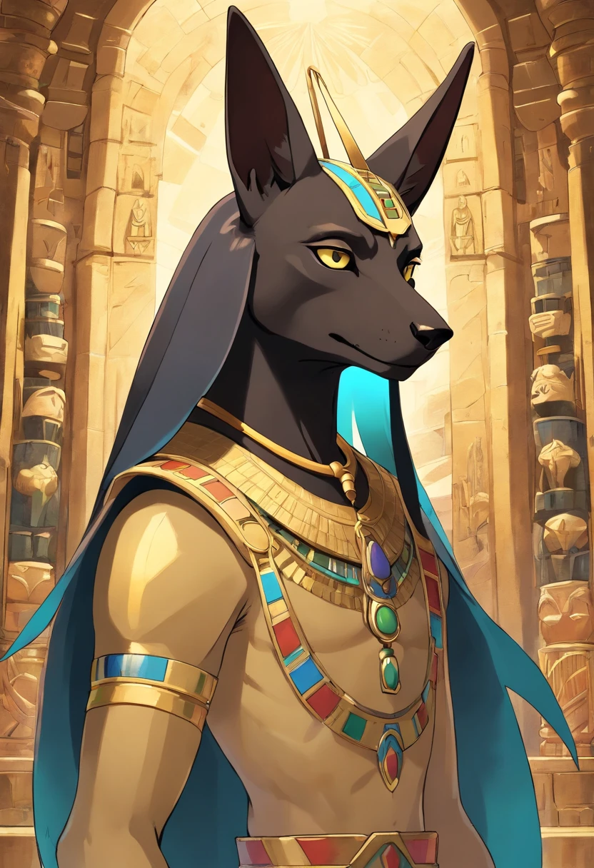 Crie uma imagem de rosto do deus chacal, anubis, antigo egito, foto detalhada e realista, pelagem preta com brilho azulado
