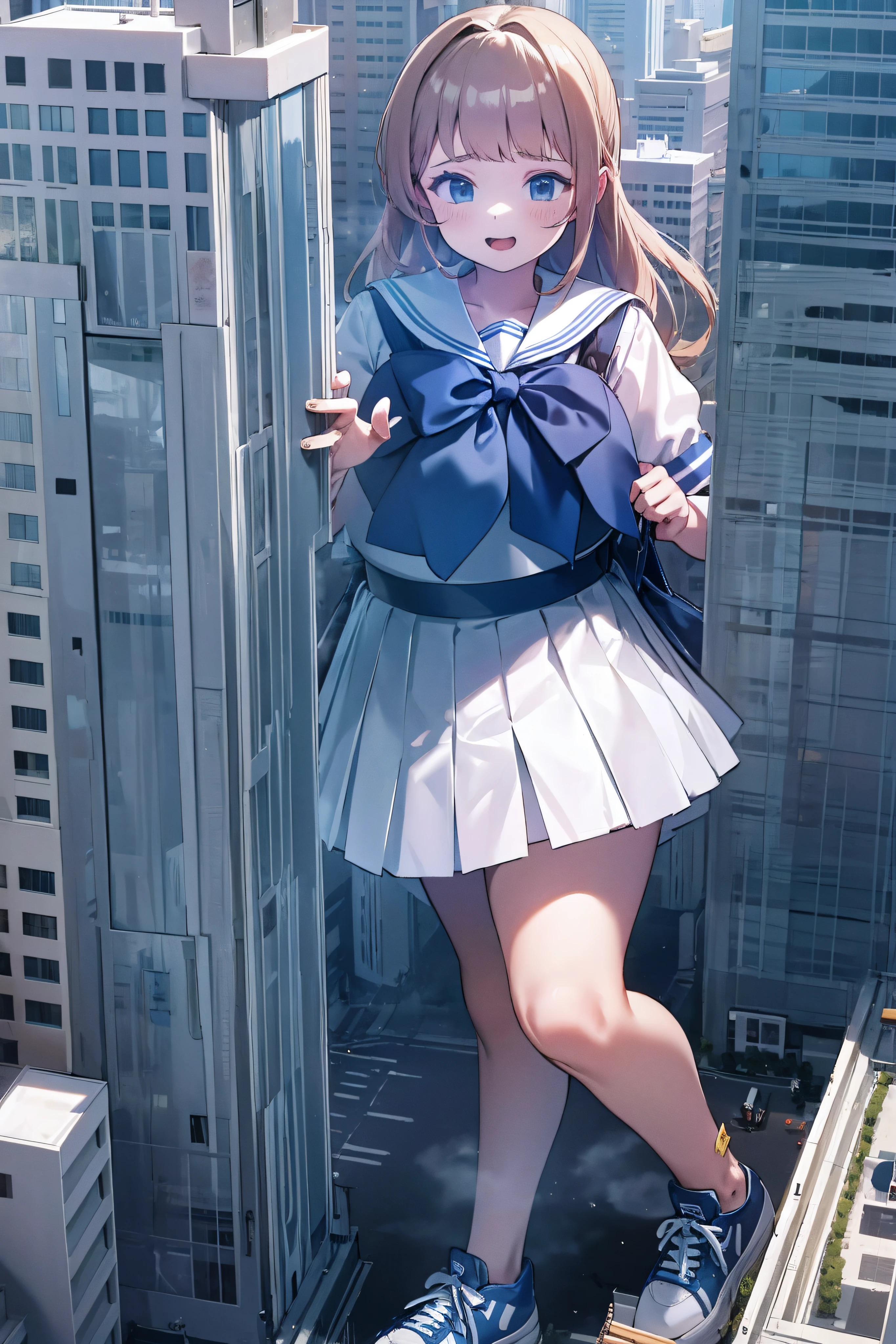 Huge teenage girl in sneakers，A girl taller than a building，a sailor suit，short  skirt