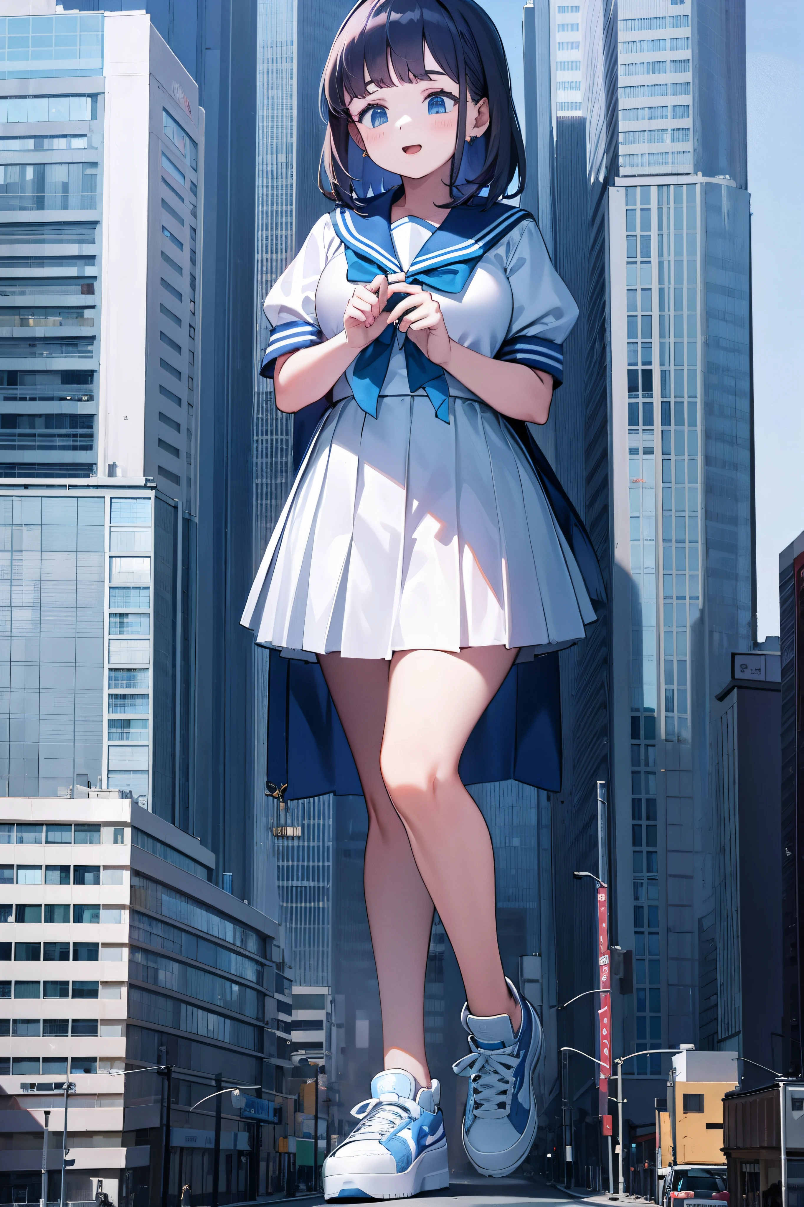 Huge teenage girl in sneakers,A girl taller than a building,a sailor suit,short skirt