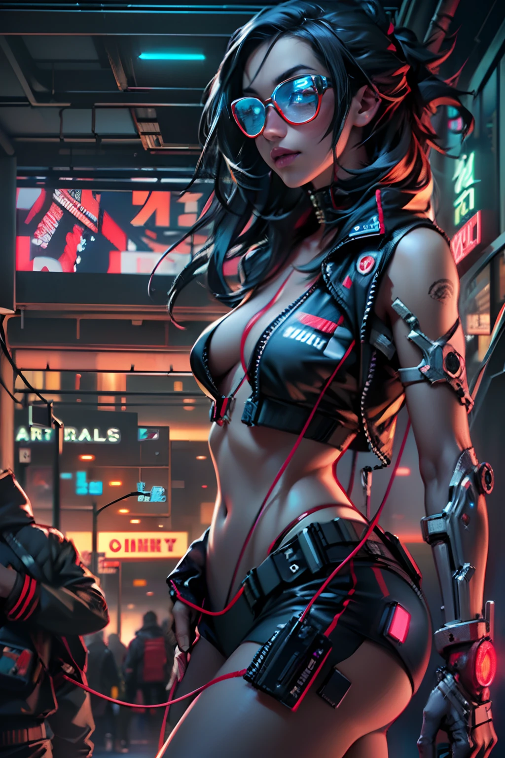 qualidade superior, obra prima, ultra-high-resolution, ((fotorrealista: 1.4), Foto RAW, cabelos pretos, pele brilhante, 1 mechanical girl, (Detalhes ultrarrealistas)), global ilumination, Sombras, octane rendering, 8k, Ultra sharp, Decote exposto, metal, Detalhes ornamentais intrincados, Egyptian details, Detalhes muito intrincados, Luz realista, CGSoation trend, in front of camera, Neon details, mechanical limbs, blood vessels connected to the tube, mechanical vertebrae attached to the back, mechanical cervical attachment to the neck, wires and cables connecting to head, Evangelion, small bright LED bulbs, (Paisagem urbana cyberpunk deslumbrante ao fundo)A close-up of a woman in a bikini and pantyhose posing, Arte Cyberpunk Anime, Arte de anime cyberpunk, Personagem de anime; Arte de corpo inteiro, Cyberpunk menina anime, Digital Cyberpunk - Arte de Anime, arte digital cyberpunk anime, oppai cyberpunk, cyberpunk themed art, Estilo de arte cyberpunk, Menina de anime cyberpunk feminino, Arte cyberpunk, Estilo de terror cyberpunk