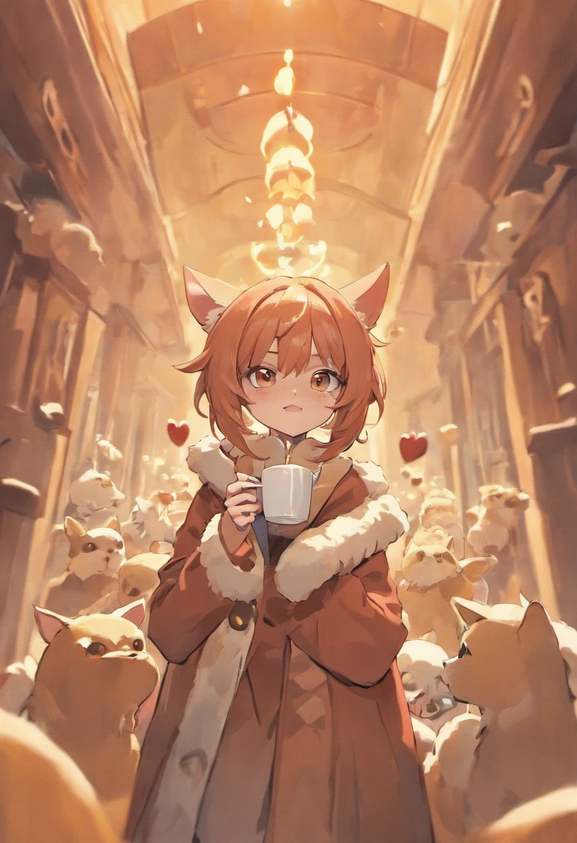coffee cup、Long coat Chihuahua made of foam、Face and hands out