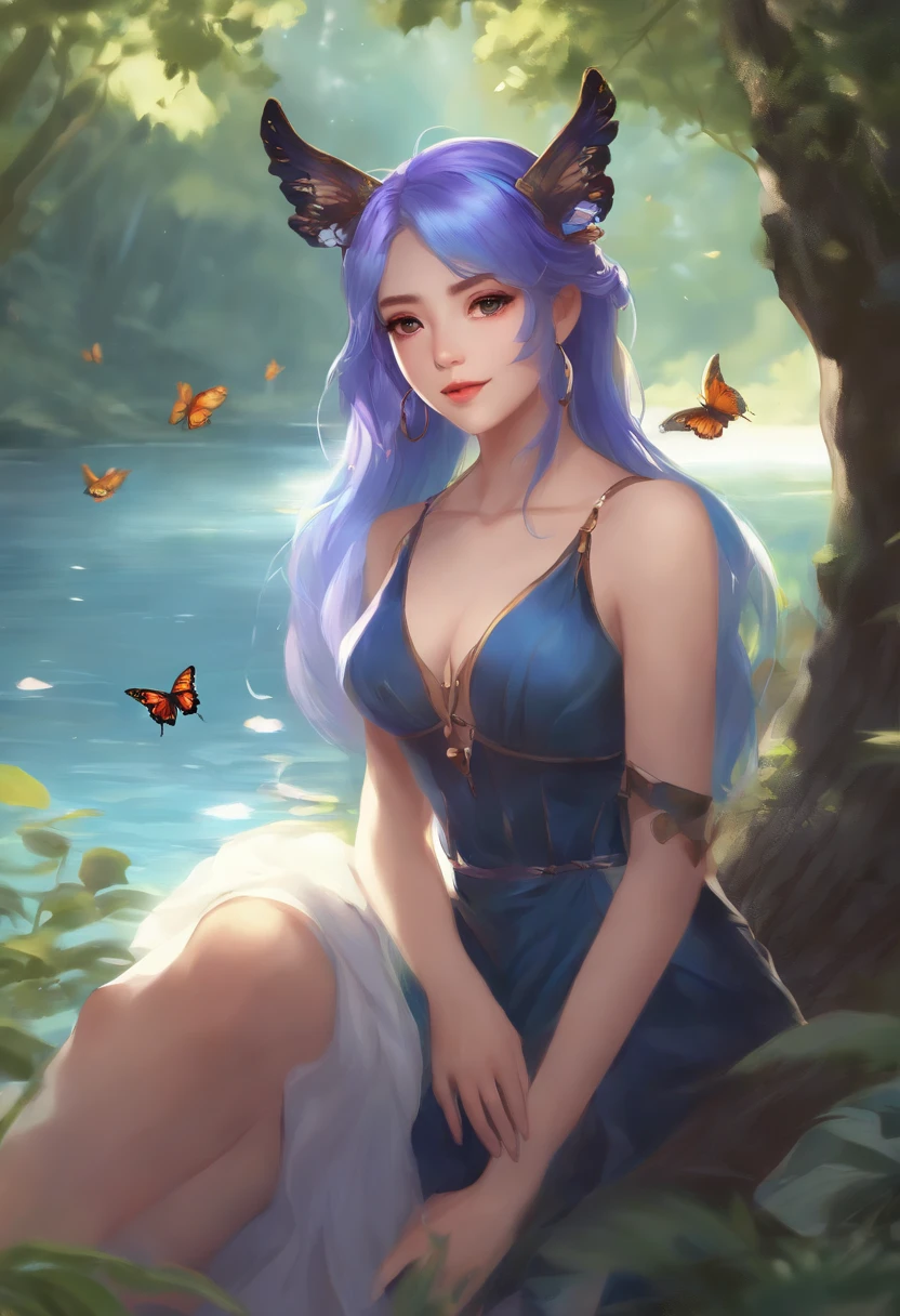 ((1girl, solo)),masterpiece, best quality, portrait, ultra-detail, illustration, close-up, gorgeous background, straight shot, blue hair, purple eyes, ((focus on face)), looking into the distance, forest, sun, wind, butterfly, studio lighting, yokozuwari, tree, lake, sitting, ganyu \(genshin impact\), twin horn, bare shoulder, bodysuit