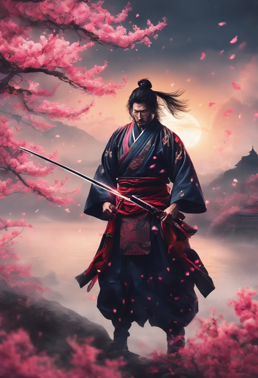 (best quality,4k,8k,highres,masterpiece:1.2),ultra-detailed,(realistic,photorealistic,photo-realistic:1.37),illustrative logo of a samurai holding a katana,star-filled sky and mist envelop the landscape,traditional Japanese art style,striking color contrast,dynamic brushwork,neon colors,subtle shading,dramatic lighting,samurai armor and clothing,delicate cherry blossoms in the background,exaggerated movement and action,detail-rich facial expression,strong sword grip and posture,mesmerizing mystique,strong presence and aura,splashes of ink,crisp line work,magical atmosphere,powerful energy,ethereal ambiance,depiction of honor and courage,contrast of serenity and tension,surreal blending of reality and fantasy