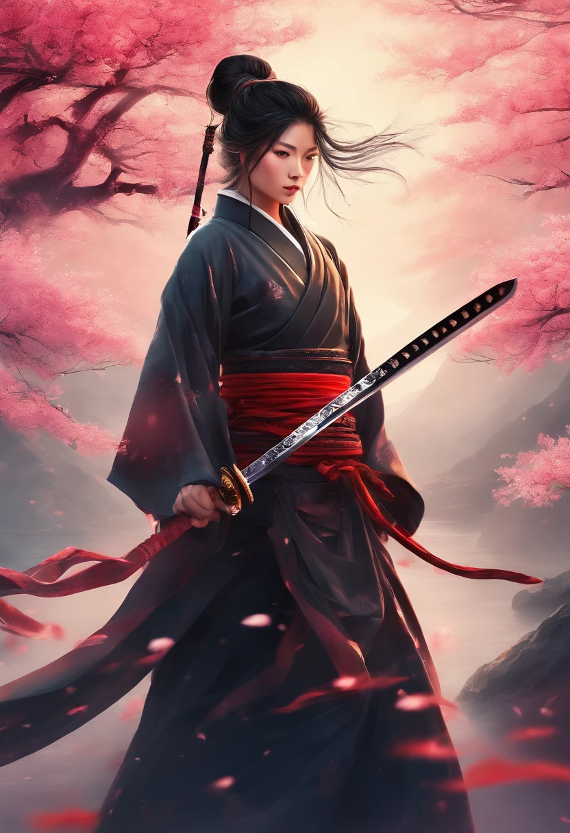(best quality,4k,8k,highres,masterpiece:1.2),ultra-detailed,(realistic,photorealistic,photo-realistic:1.37),illustrative logo of a samurai holding a katana,star-filled sky and mist envelop the landscape,traditional Japanese art style,striking color contrast,dynamic brushwork,neon colors,subtle shading,dramatic lighting,samurai armor and clothing,delicate cherry blossoms in the background,exaggerated movement and action,detail-rich facial expression,strong sword grip and posture,mesmerizing mystique,strong presence and aura,splashes of ink,crisp line work,magical atmosphere,powerful energy,ethereal ambiance,depiction of honor and courage,contrast of serenity and tension,surreal blending of reality and fantasy