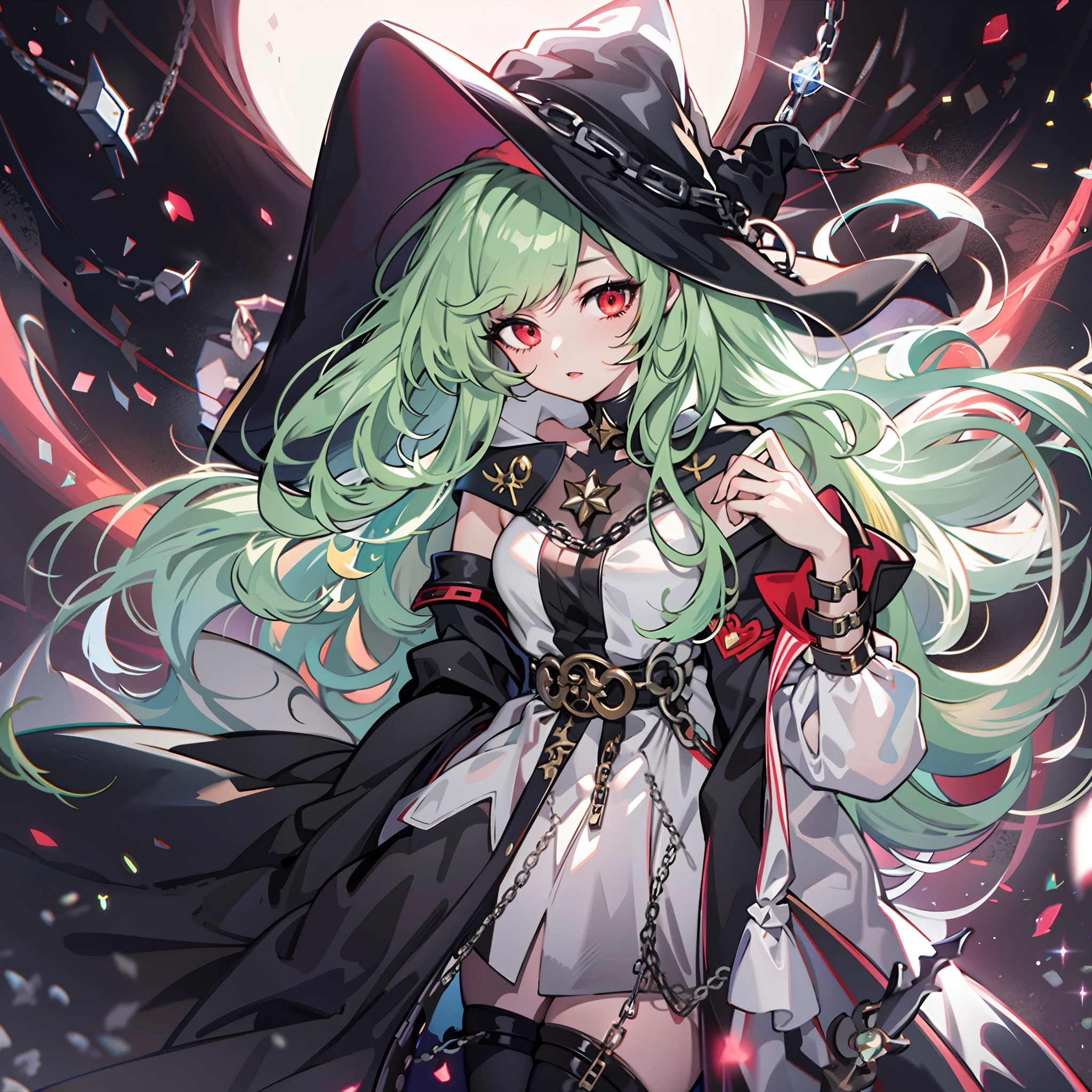 upper body, 1woman, green hair, Long Haired, red eyes, ((witch)), black cape, big breats, wallpaper, chain background, light particles, ((masterpiece)), ((best quality)), ((Top Quality)), pale white skin, solo, close-up portrait