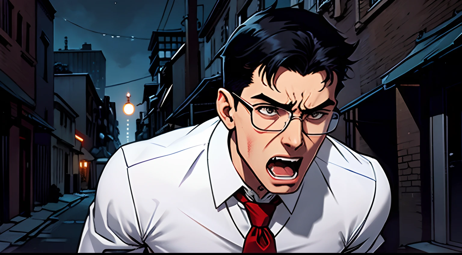 skinny guy, short black hair, glasses, wearing a white shirt, red tie, scared, scream, gotham city alley background, night time
