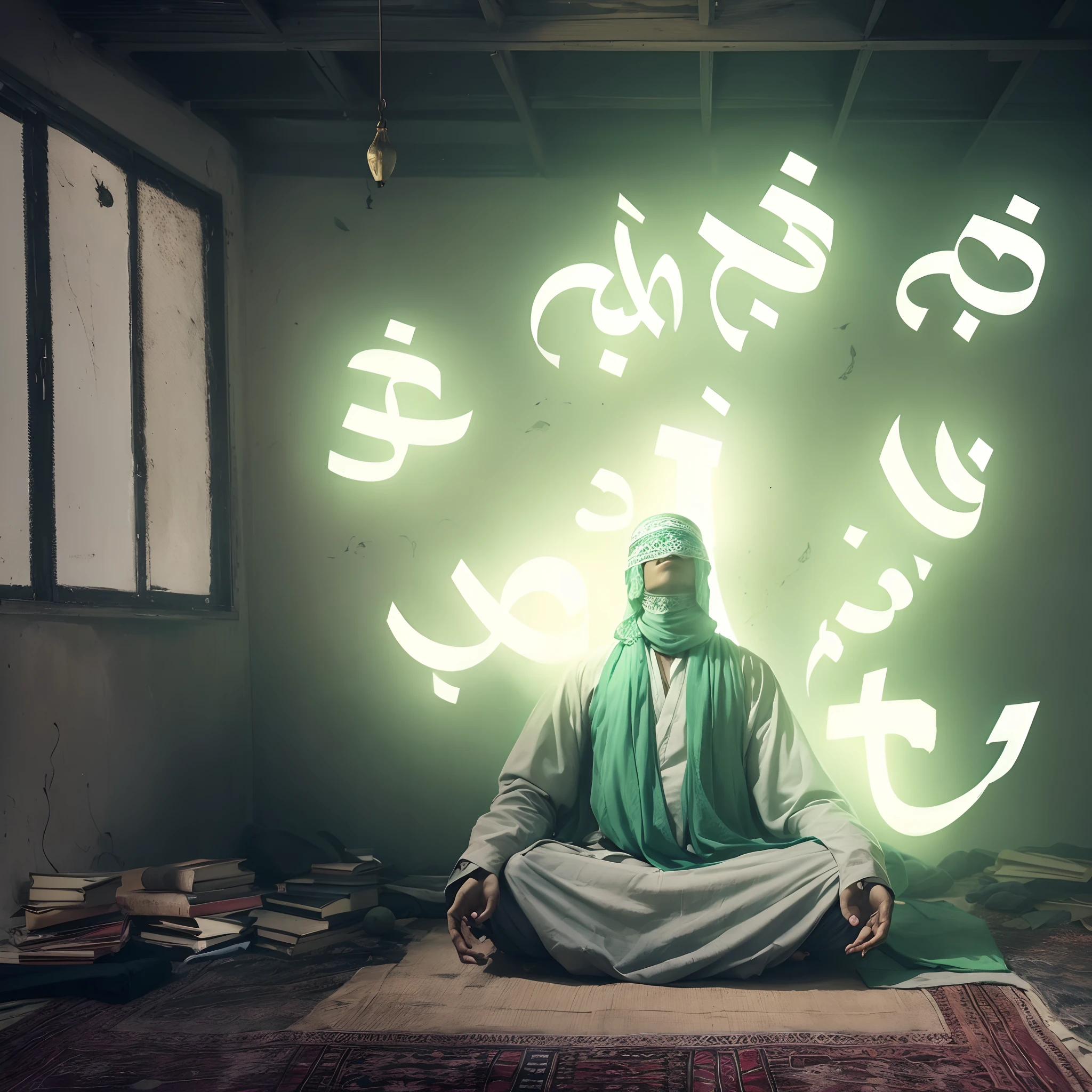 poor man mystic meditating in isolated room, light arabic letters flying in the room