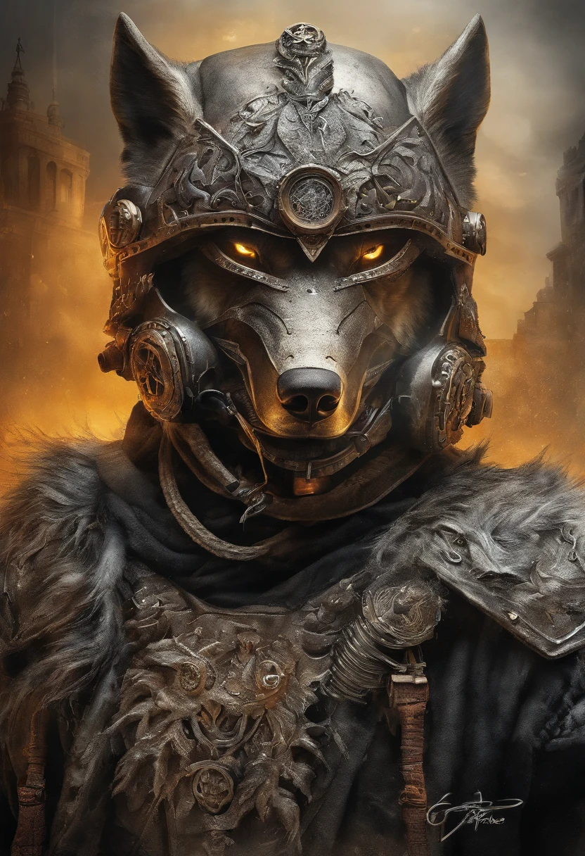 maximum quality, Dramatic lighting, menacing pose, fierce expression, epic atmosphere, (((wolf head shaped helmet))), (((full body shot))),a wolf made out of metal, cyborg, cyberpunk style, clockwork, ((intricate details)), hdr, ((intricate details, hyperdetailed)), incandescent lamps, cinematic shot, vignette, bokeh effect beckground, (canines), (full body shot).