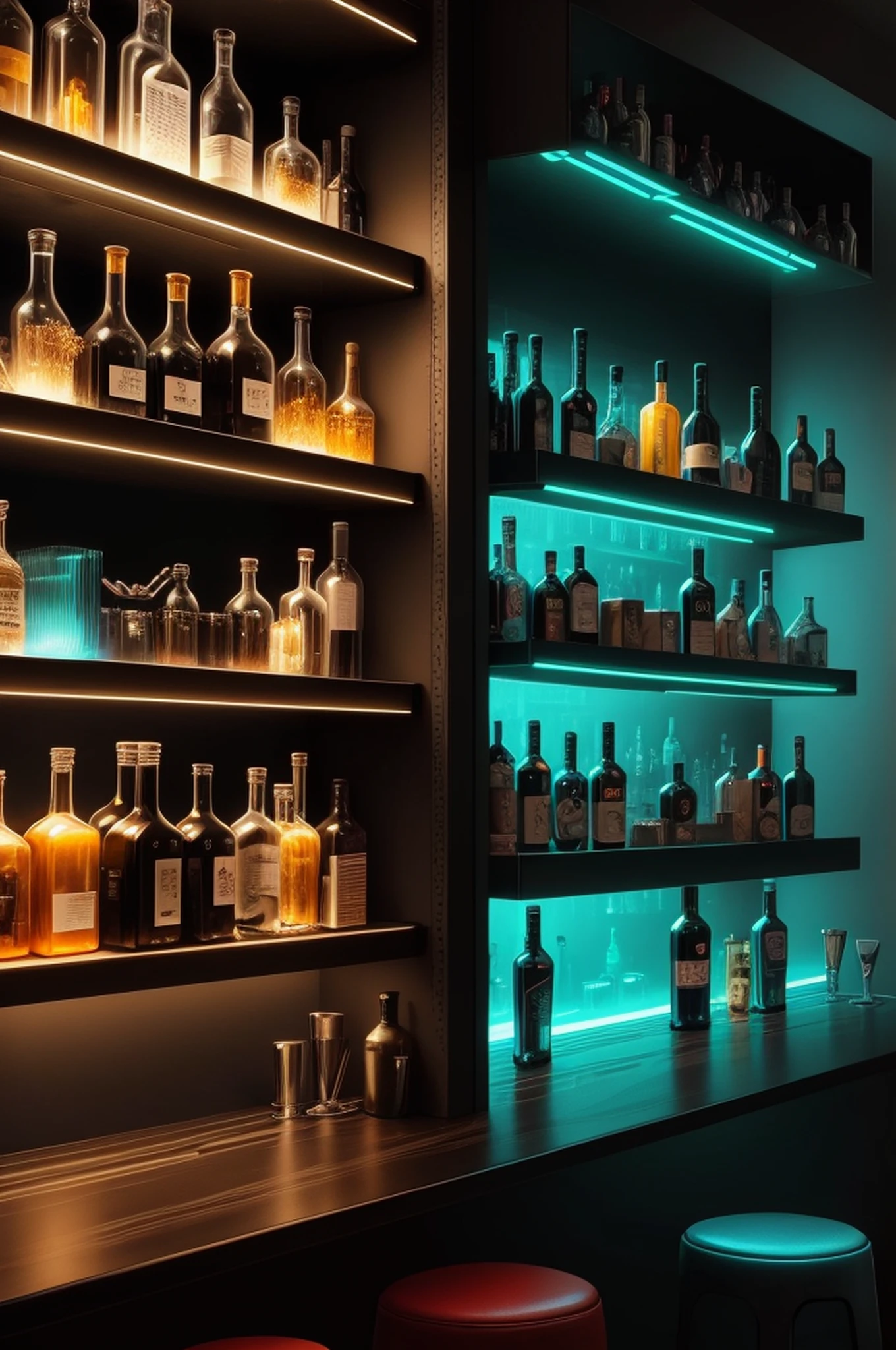 create futuristic bar (cyberpunk style, front camera, shelves with bottles.
