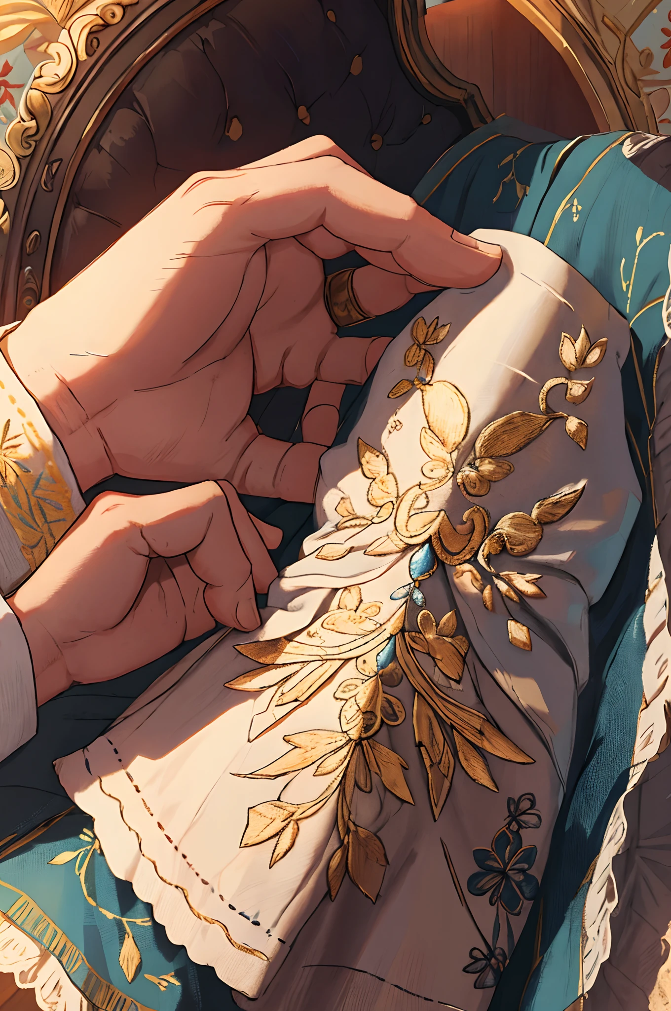 A hand holding an embroidered cloth napkin. Delicate princess hand. ((perfect hands))