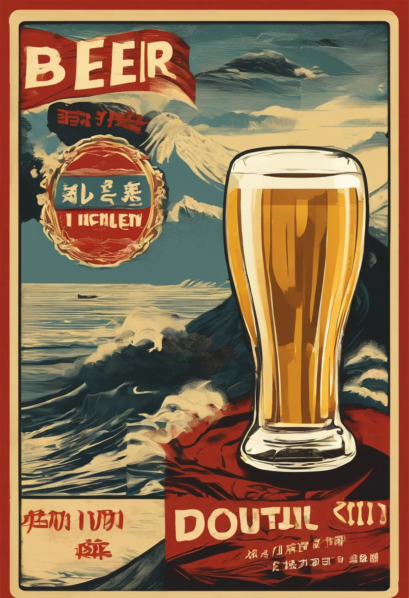 Beer Label 170x85，com escrita Vinte e Dois em Japones com caracteres dourados brilhantes transparentes，Texto vertical，Texto Vinte e Dois, com letras de cor preta estilo japones,paisagem de montanhas japonesas hiper HD, high resolution, Very detailed, melhor qualidade de imagem, como fundo da imagem, fundo mesclado com os templos japoneses arranjados de forma ordenada