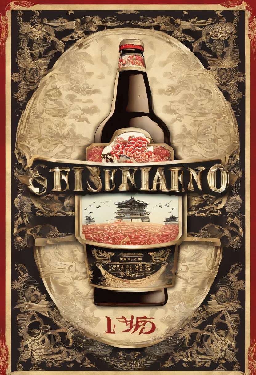 Beer Label 170x85，com escrita Vinte e Dois em Japones com caracteres dourados brilhantes transparentes，Texto vertical，Texto Vinte e Dois, com letras de cor preta estilo japones,paisagem de montanhas japonesas hiper HD, high resolution, Very detailed, melhor qualidade de imagem, como fundo da imagem, fundo mesclado com os templos japoneses arranjados de forma ordenada