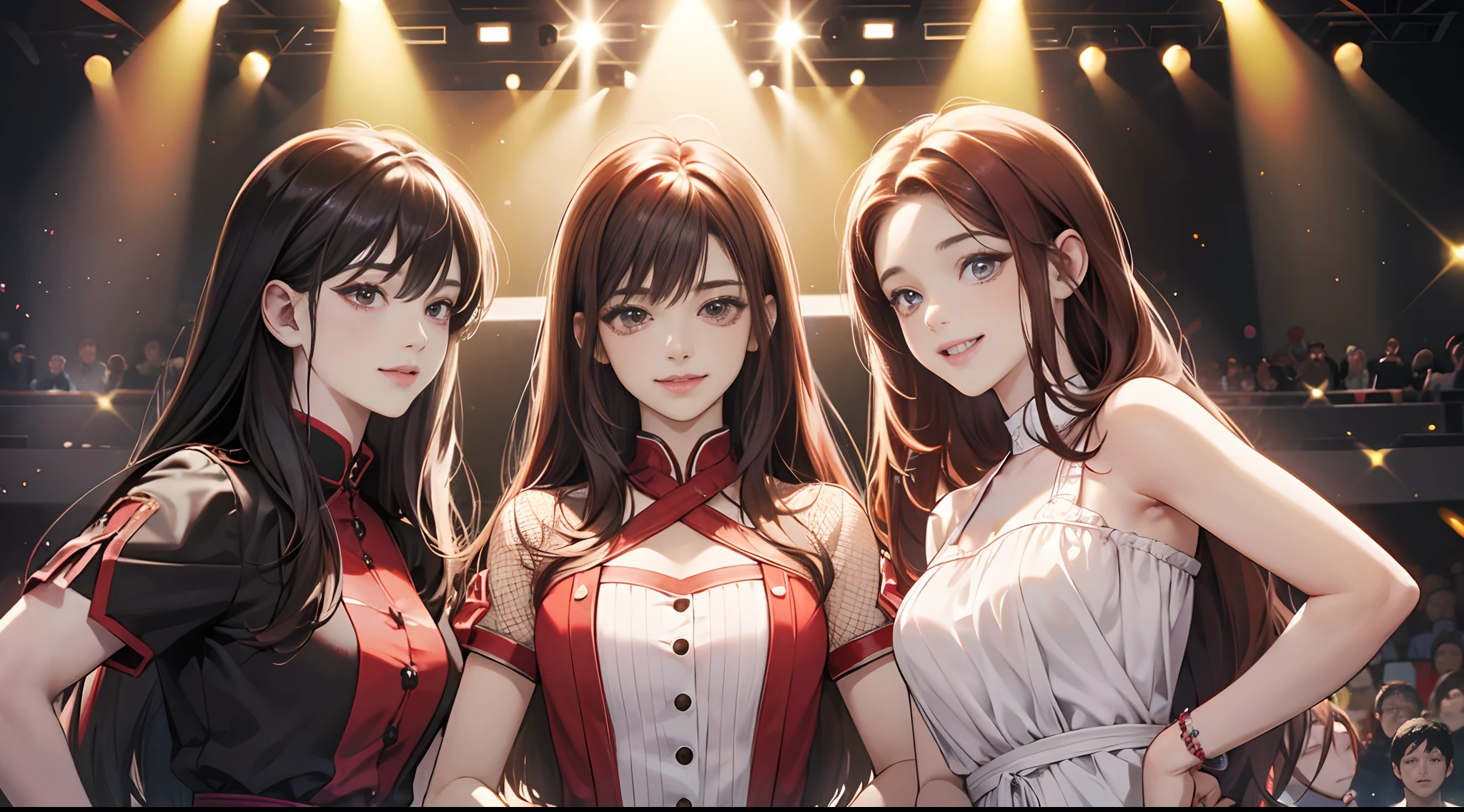 (Best Quality,4K,High resolution), A three-person idol group,(18yo woman, Red mesh hair on black hair, Long hair, Straight hair, ),( 18yo woman, Brown Hair Mesh Hair,a short bob ),(18yo woman, boyish,short-haired,Unkempt hair ,innocent smiles,) Comical appearance,stage,Idol,Let's sing together today,Even if you dream, Dreaming, Laughing, If you have a dream,Lasts forever
