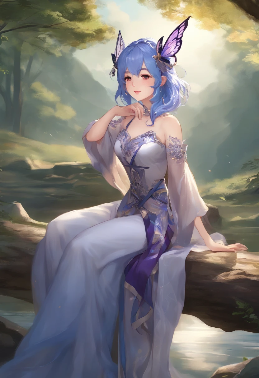 ganyu, genshin impact, ((1girl, solo)),masterpiece, best quality, portrait, ultra-detail, illustration, close-up, gorgeous background, straight shot, blue hair, purple eyes, ((focus on face)), looking into the distance, forest, sun, wind, butterfly, studio lighting, yokozuwari, tree, lake, sitting, ganyu \(genshin impact\), twin horn, bare shoulder, bodysuit
