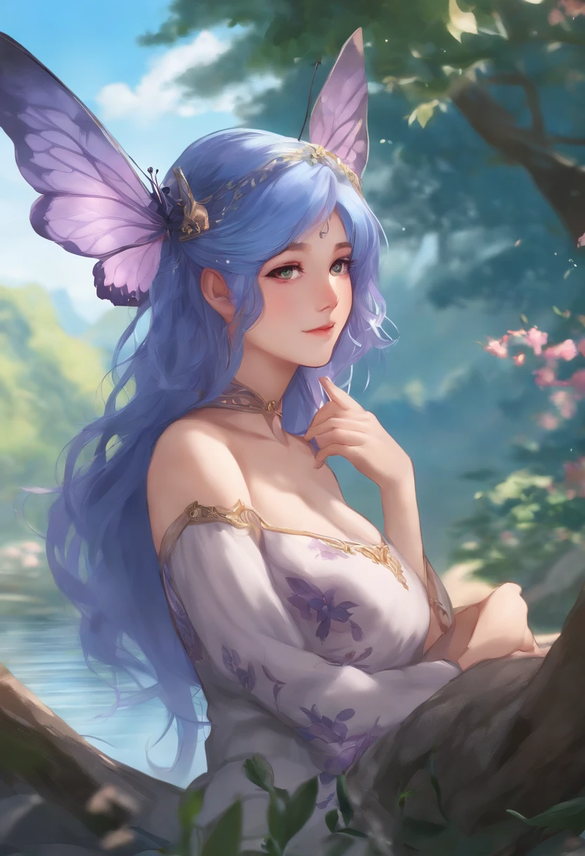 ganyu, genshin impact, ((1girl, solo)),masterpiece, best quality, portrait, ultra-detail, illustration, close-up, gorgeous background, straight shot, blue hair, purple eyes, ((focus on face)), looking into the distance, forest, sun, wind, butterfly, studio lighting, yokozuwari, tree, lake, sitting, ganyu \(genshin impact\), twin horn, bare shoulder, bodysuit