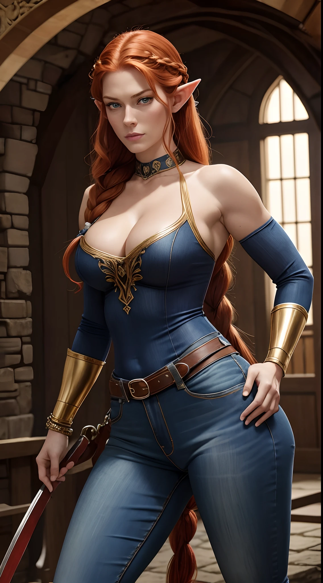 Alyssa Sutherland como uma ruiva MYTHOLOGICAL ELFA usando jeans ( tight jeans ), jaqueta blue jeans, detalhes dourados, longos braceletes, cinto vermelho, golden armlets, coxas torneadas, strong facial expression, look at the camera, olhos claros, Long red braided hair, ORELHAS DE ELFO GRANDES, Large elf ears joined from the head, ELF EARS clearly visible, orelhas de ELFO expostas sob os cabelos, Curvilinear athletic body, musculatura definida, Mulher Destemida, Body position of greatness, perspectiva de corpo inteiro, Vista lateral do corpo, castelo medieval, cavalo, Imagem 64K altamente detalhada